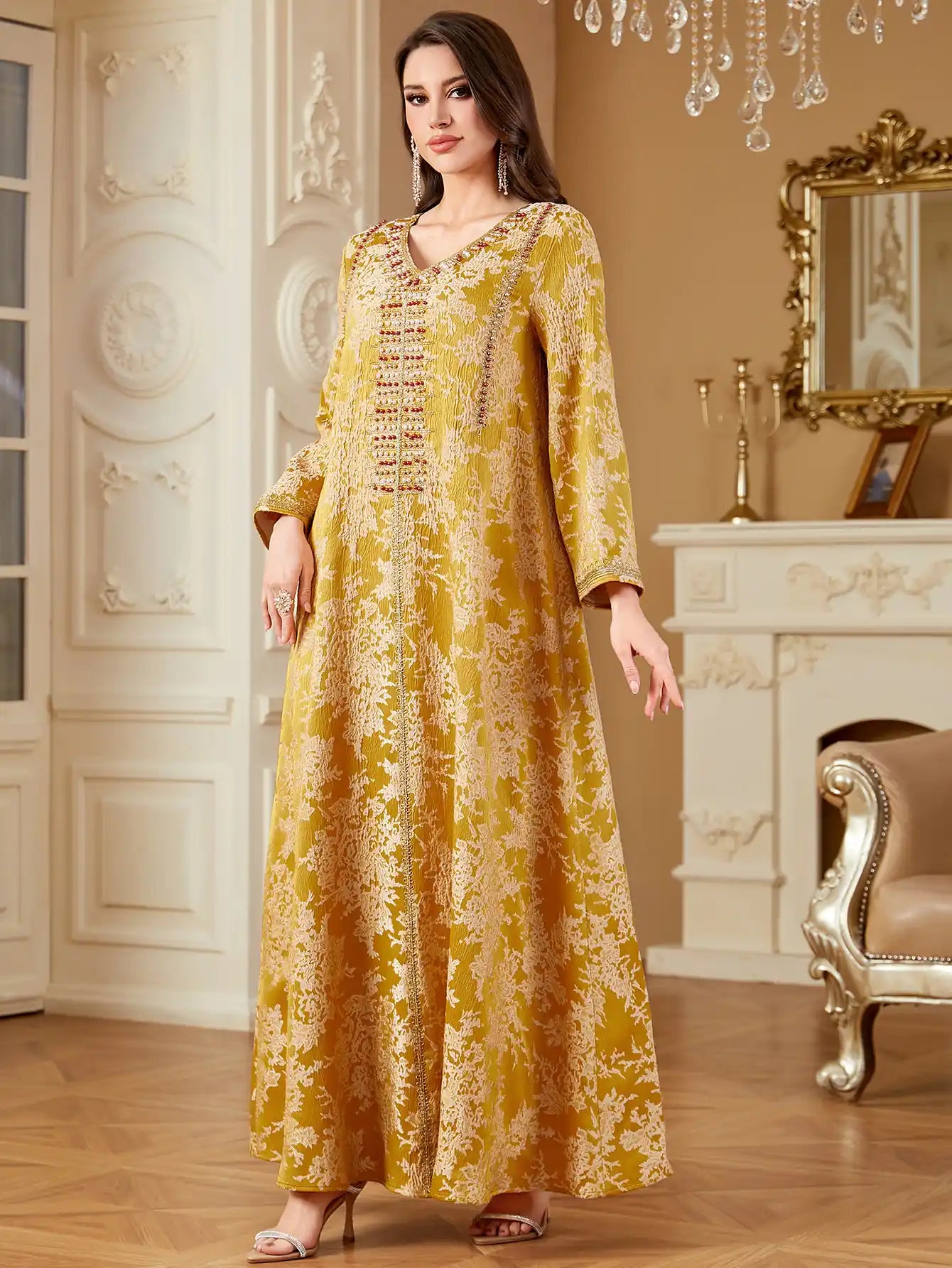4336 Muslim Arab Robe Jacquard Embroidery Beaded Kaftan Dress