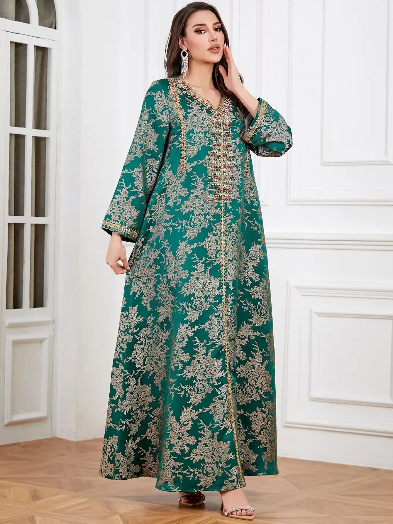 4336 Muslim Arab Robe Jacquard Embroidery Beaded Kaftan Dress