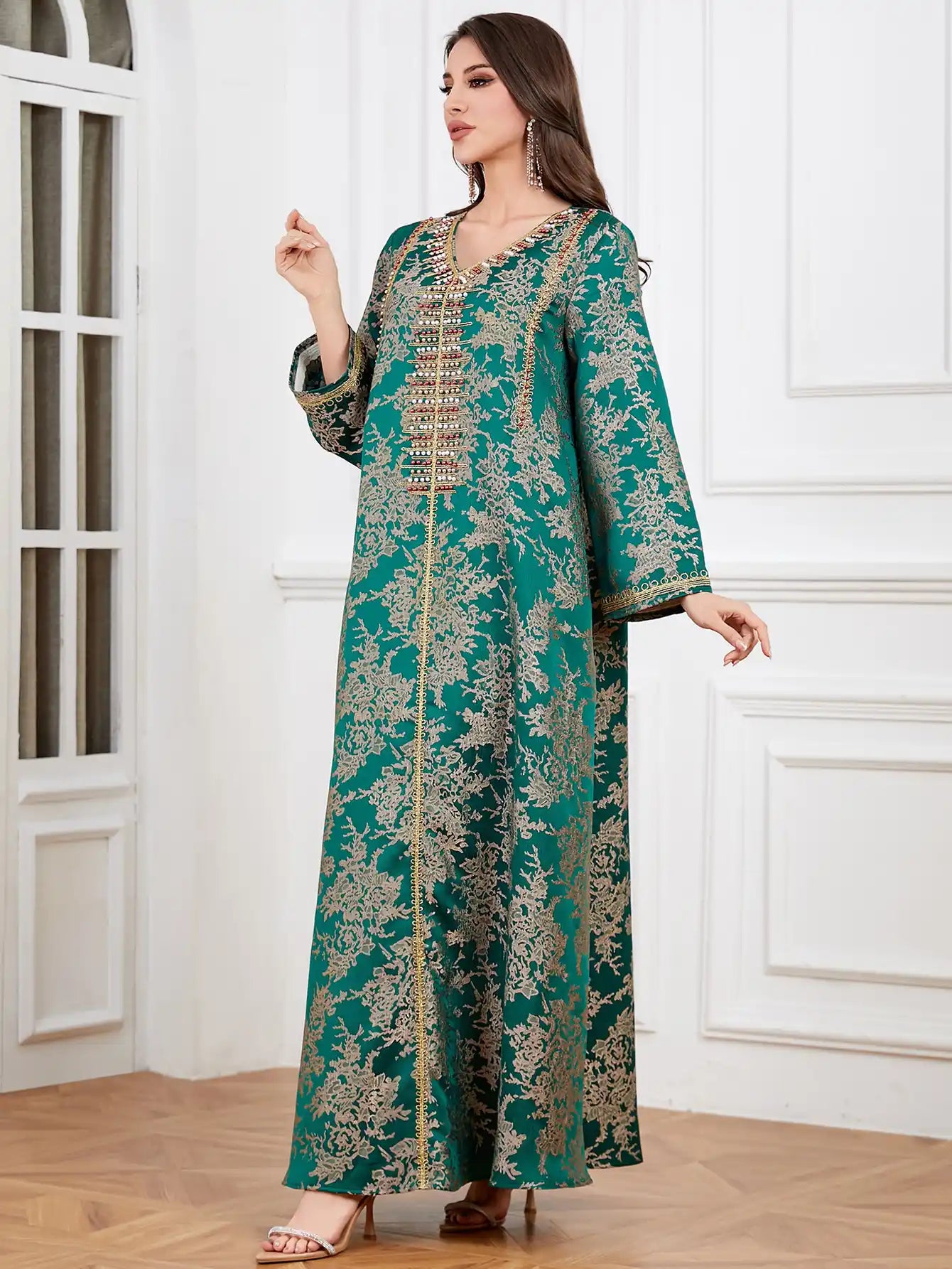 4336 Muslim Arab Robe Jacquard Embroidery Beaded Kaftan Dress