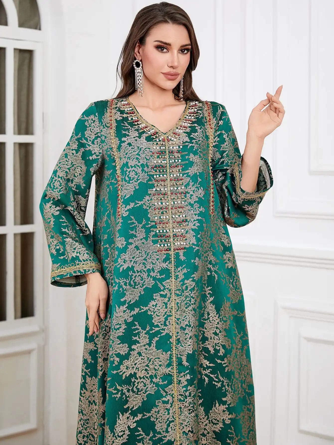 4336 Muslim Arab Robe Jacquard Embroidery Beaded Kaftan Dress
