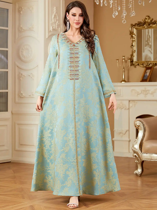 4336 Muslim Arab Robe Jacquard Embroidery Beaded Kaftan Dress