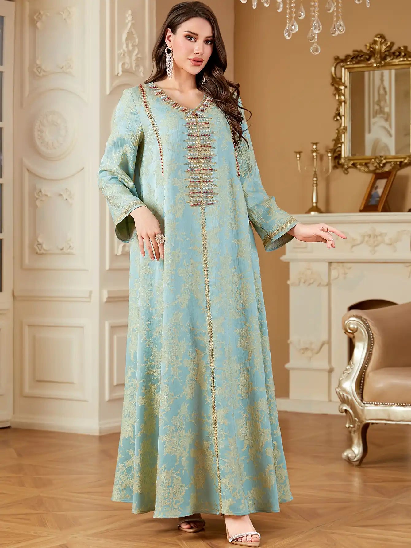 4336 Muslim Arab Robe Jacquard Embroidery Beaded Kaftan Dress