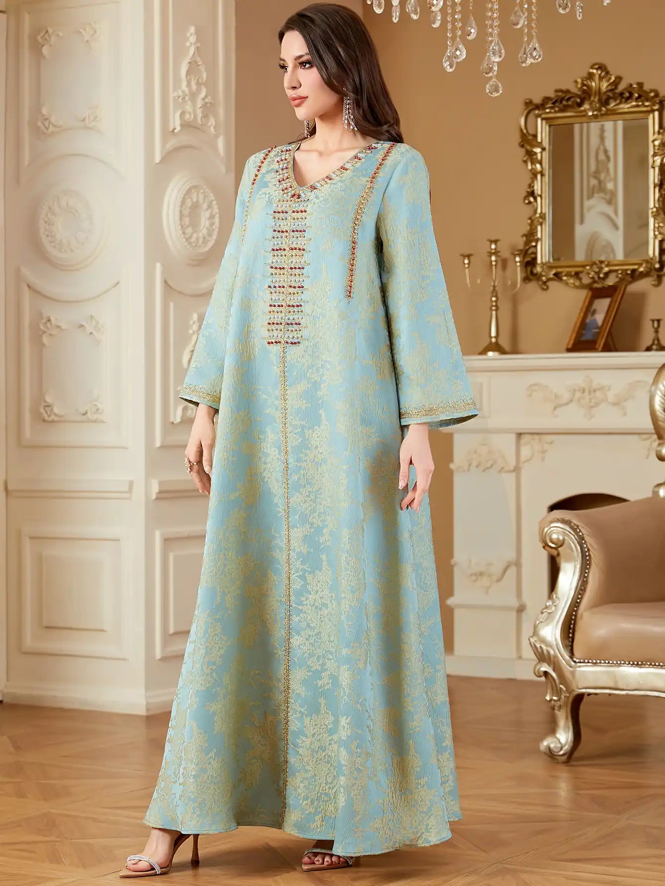 4336 Muslim Arab Robe Jacquard Embroidery Beaded Kaftan Dress