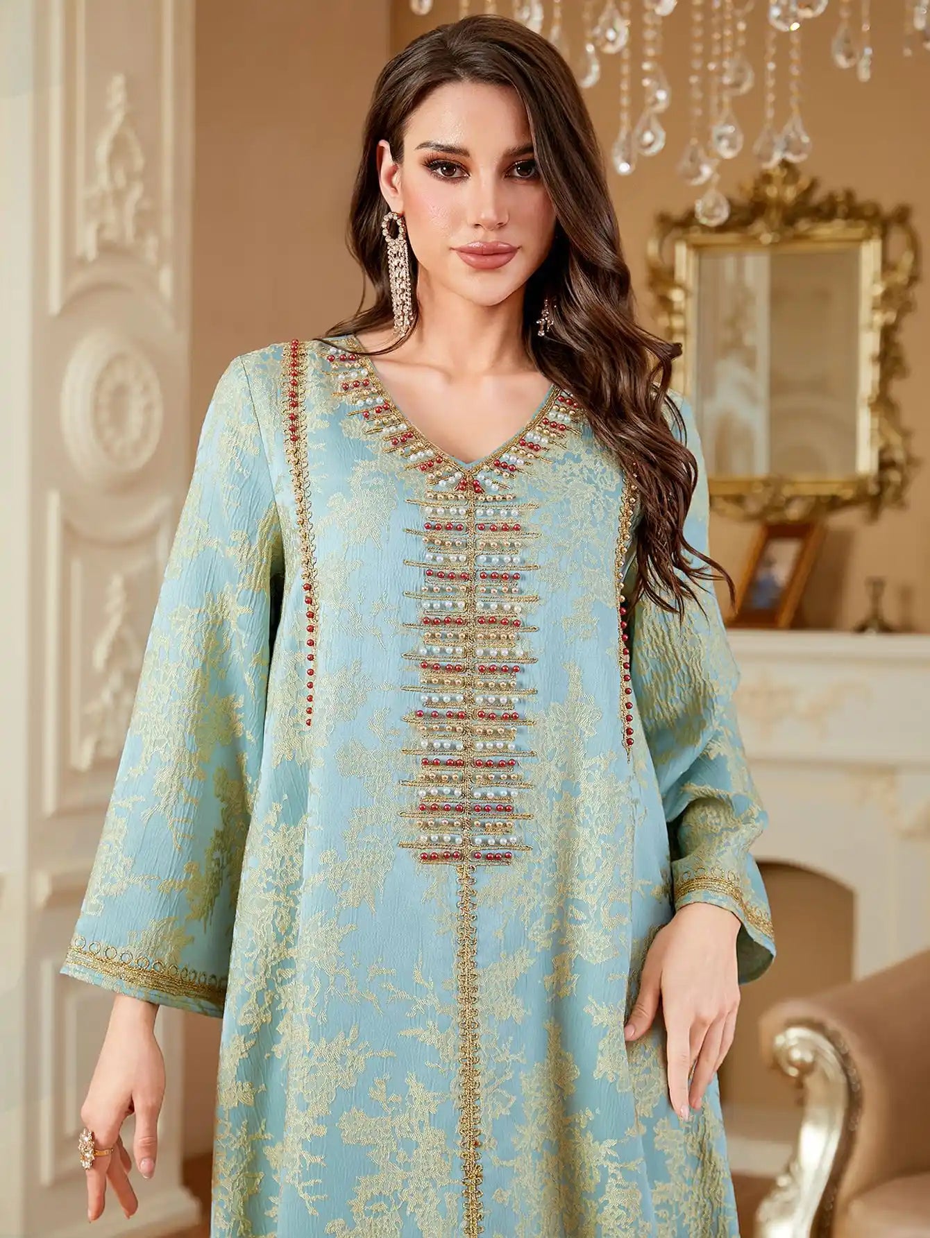 4336 Muslim Arab Robe Jacquard Embroidery Beaded Kaftan Dress