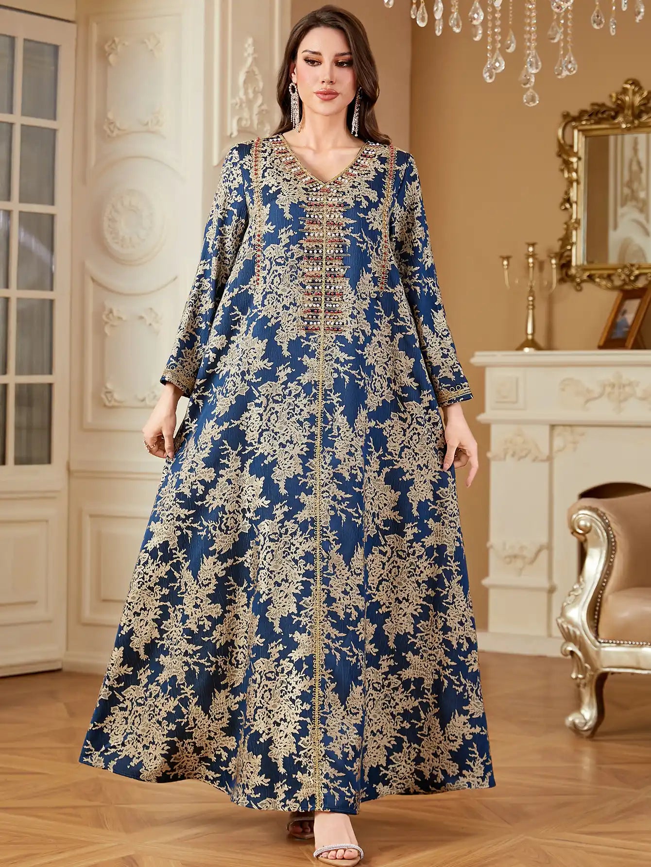 4336 Muslim Arab Robe Jacquard Embroidery Beaded Kaftan Dress