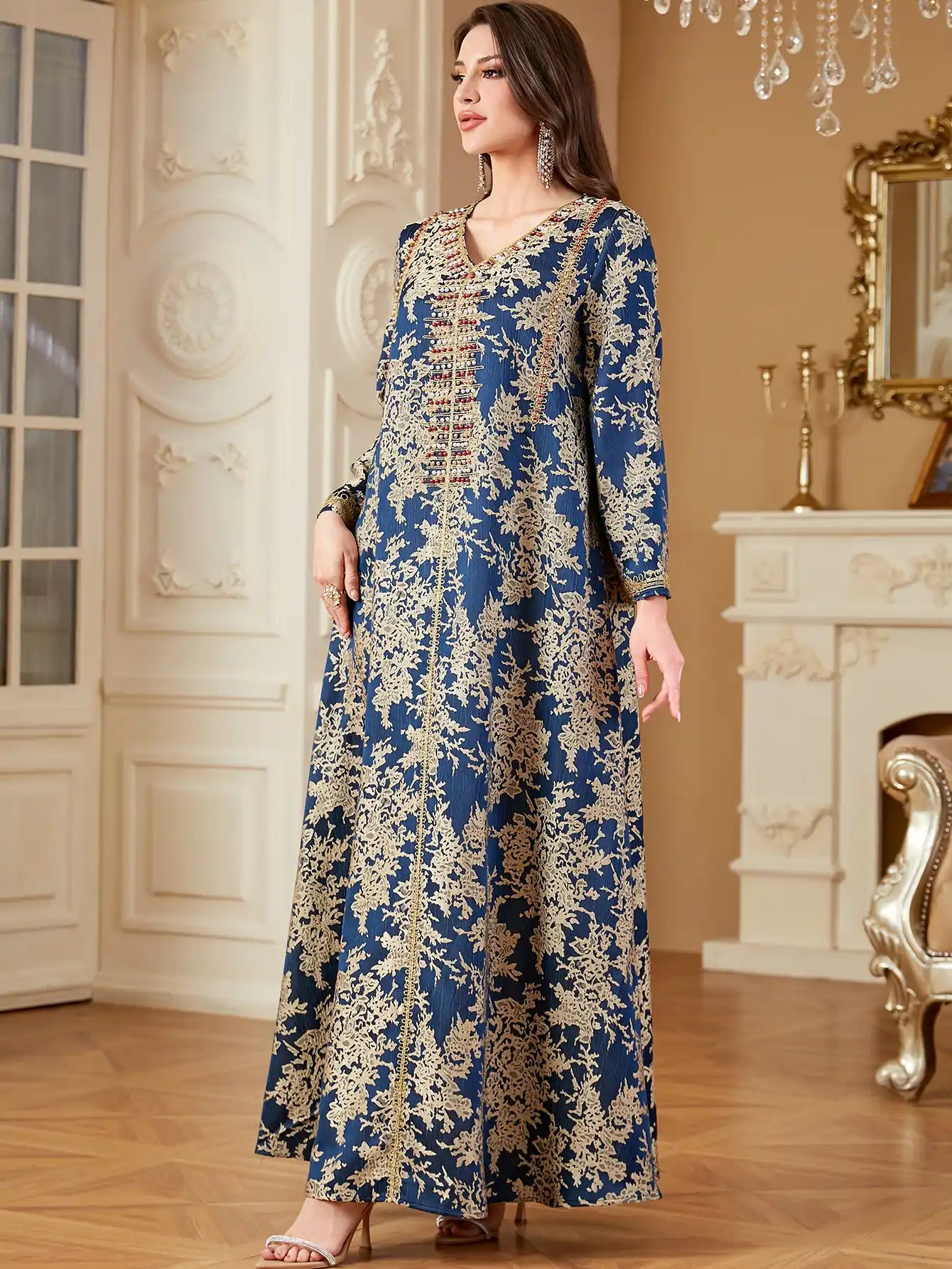 4336 Muslim Arab Robe Jacquard Embroidery Beaded Kaftan Dress