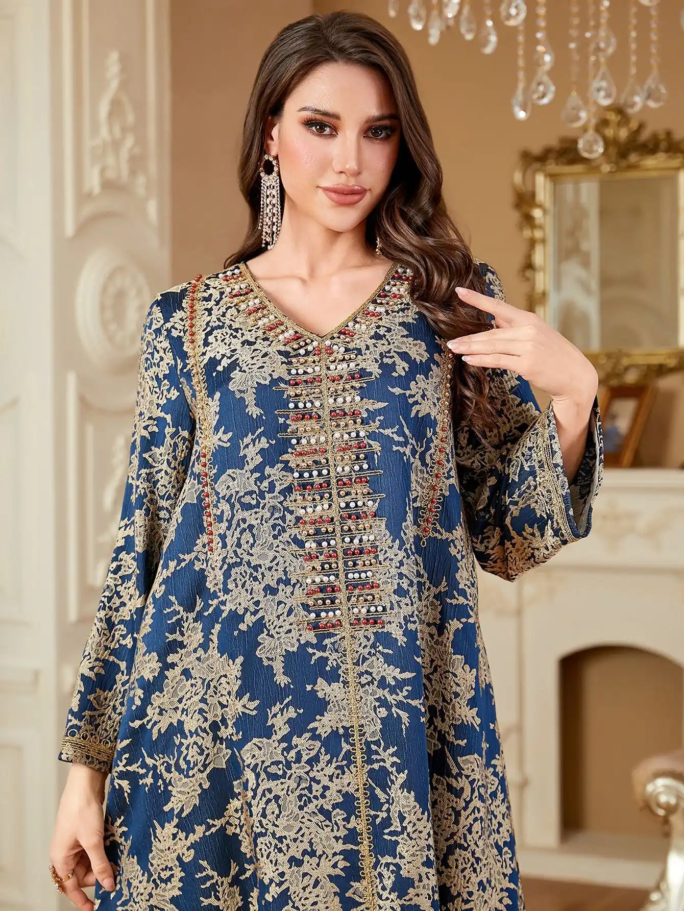 4336 Muslim Arab Robe Jacquard Embroidery Beaded Kaftan Dress