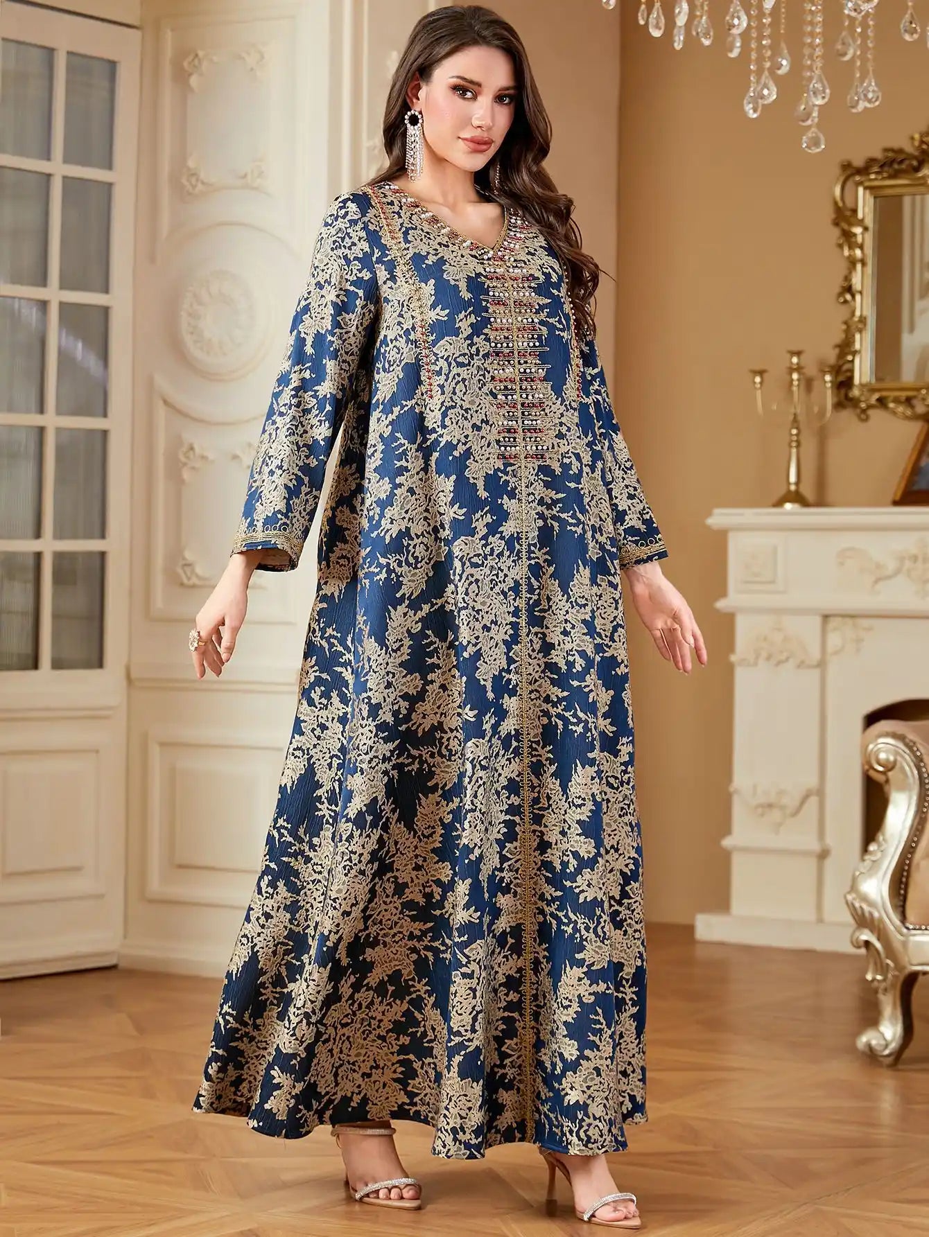 4336 Muslim Arab Robe Jacquard Embroidery Beaded Kaftan Dress