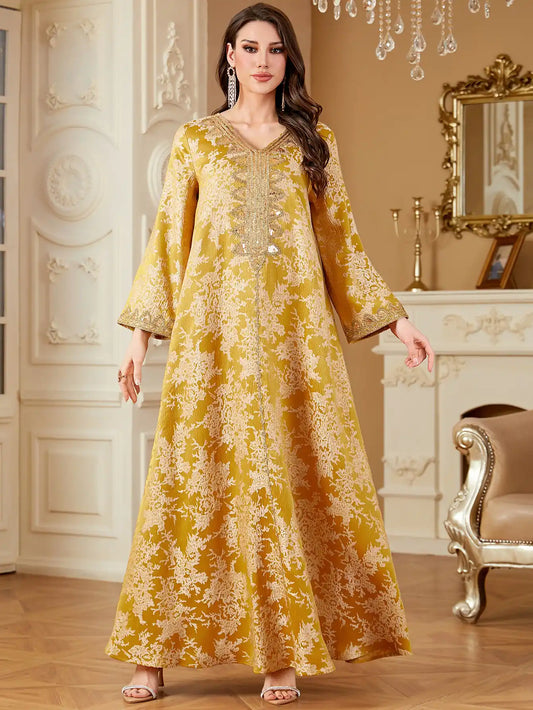 4340 Dubai Robe Jacquard Embroidered Sequined V-neck Dress