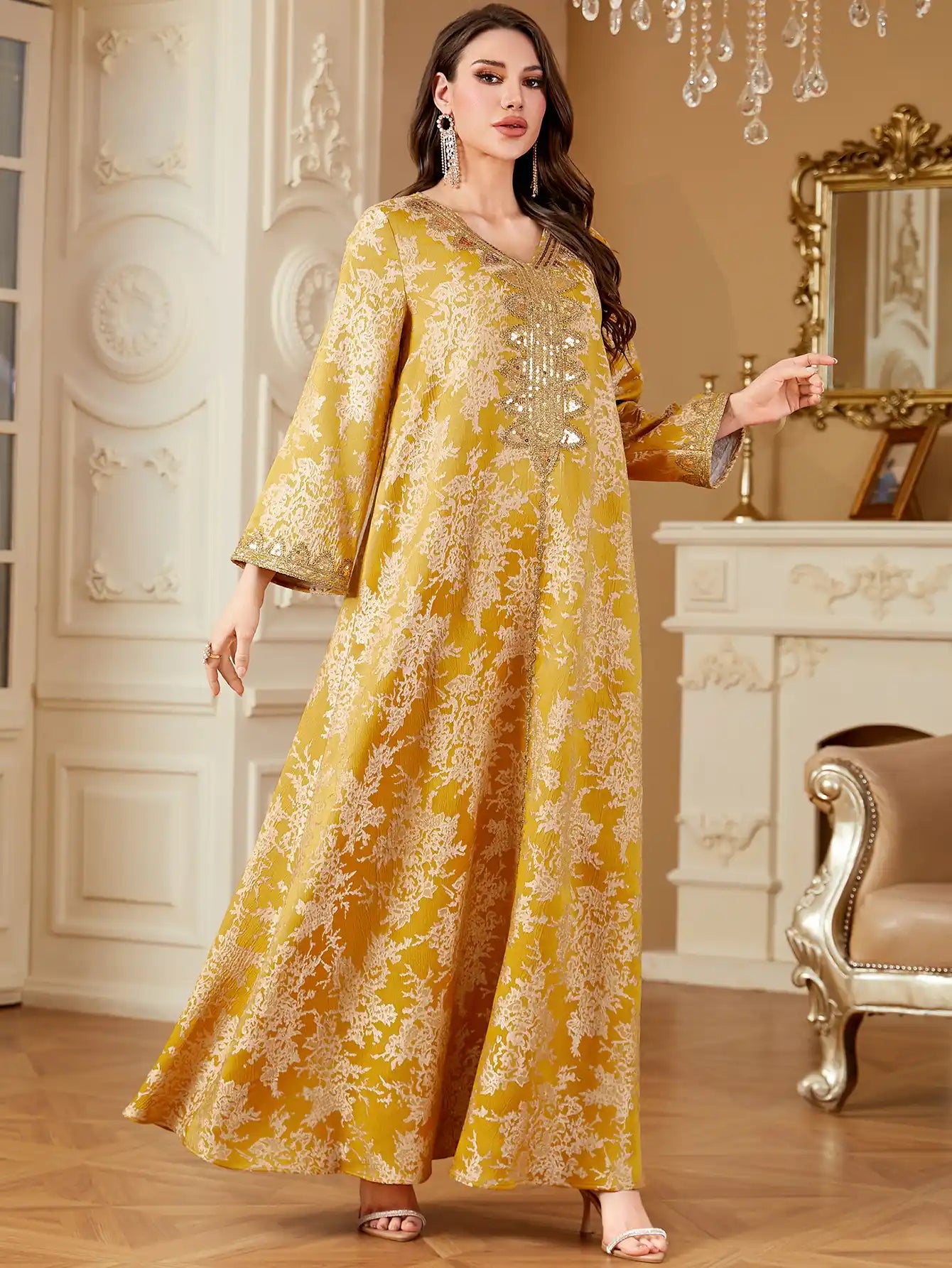 4340 Dubai Robe Jacquard Embroidered Sequined V-neck Dress