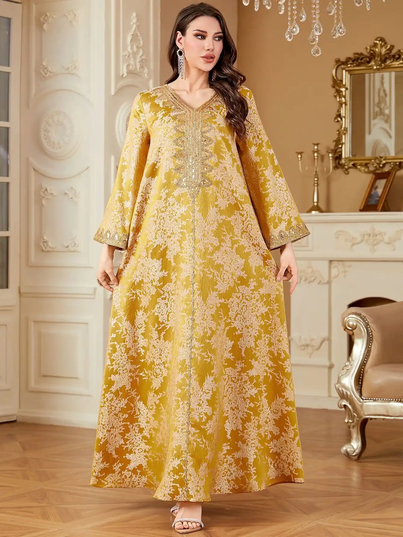 4340 Dubai Robe Jacquard Embroidered Sequined V-neck Dress