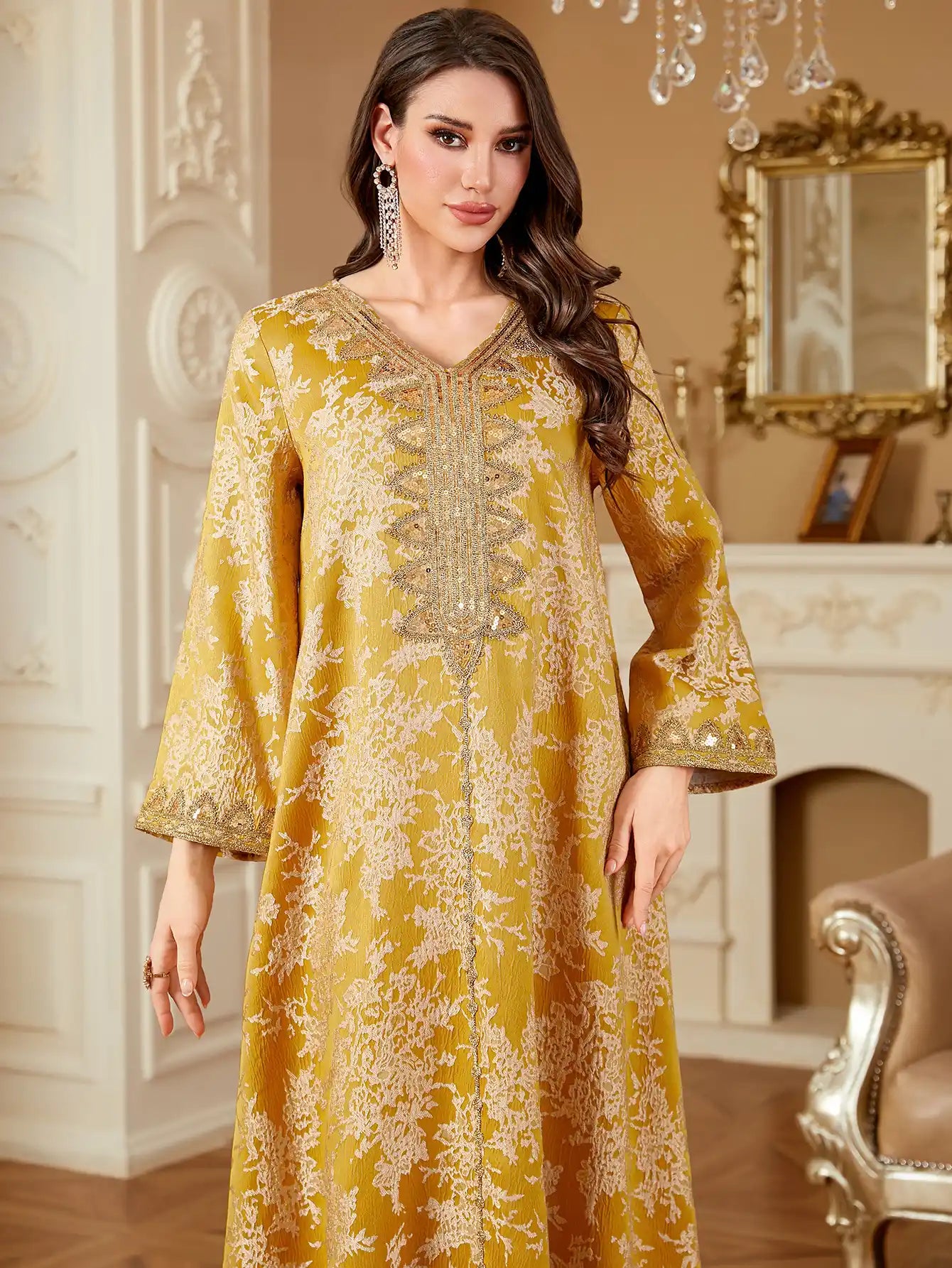 4340 Dubai Robe Jacquard Embroidered Sequined V-neck Dress