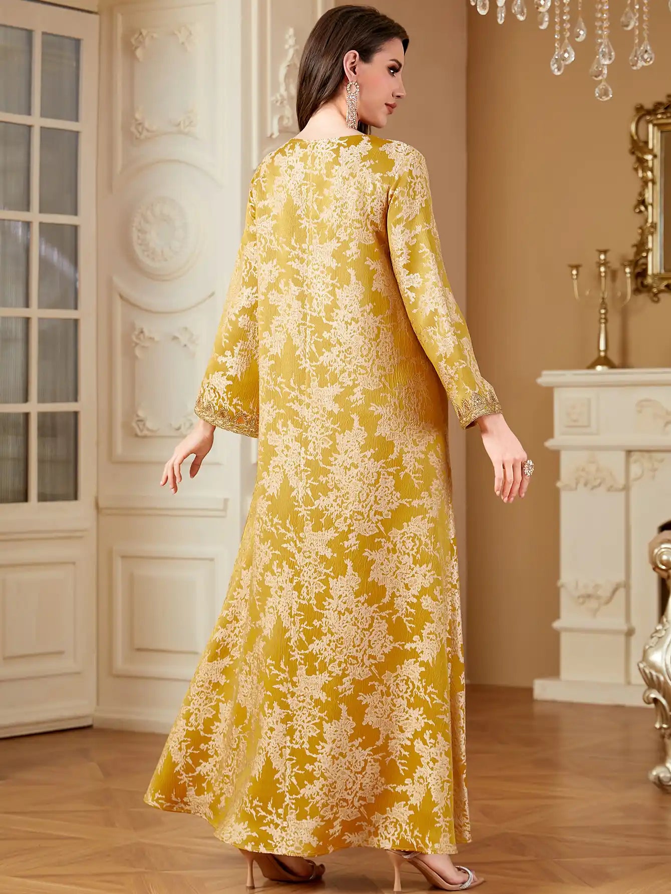 4340 Dubai Robe Jacquard Embroidered Sequined V-neck Dress