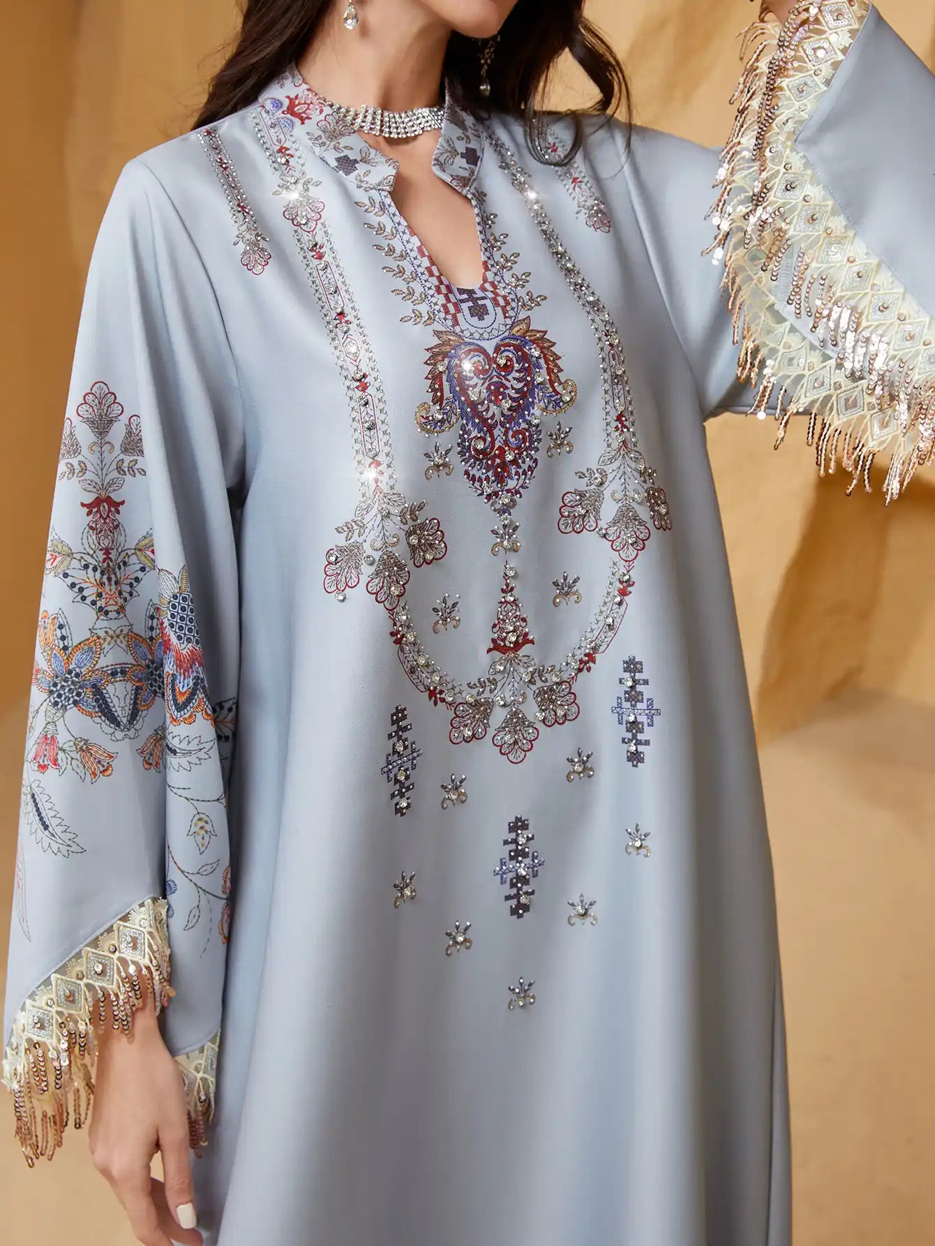 NC13 Muslim Robe V-neck Embroidered Tassel Arabic Dress Abaya