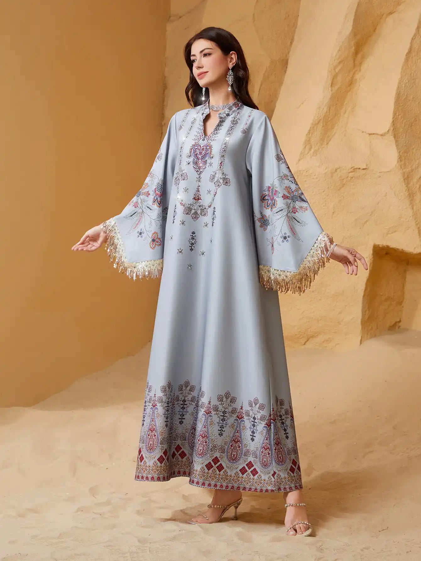 NC13 Muslim Robe V-neck Embroidered Tassel Arabic Dress Abaya