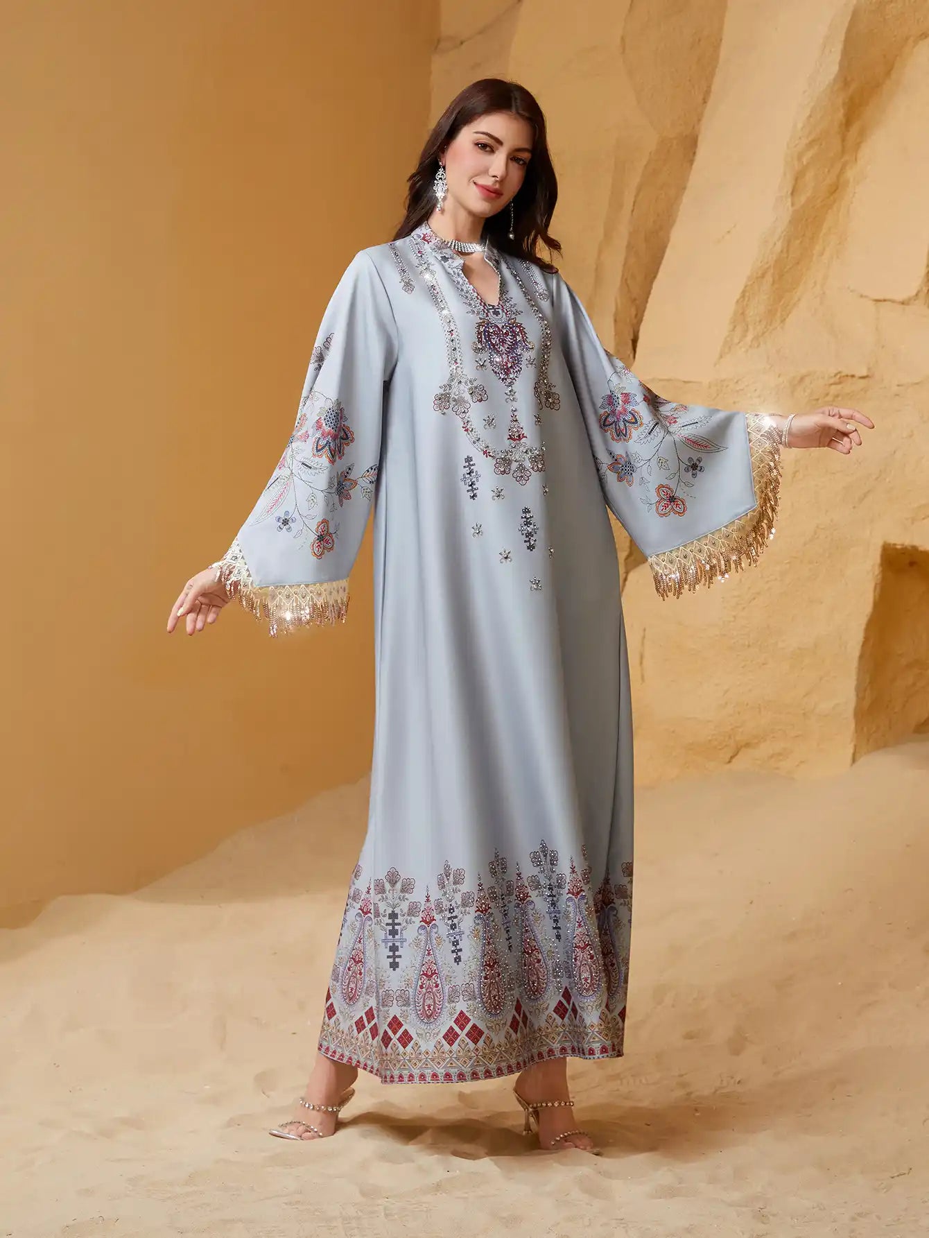 NC13 Muslim Robe V-neck Embroidered Tassel Arabic Dress Abaya