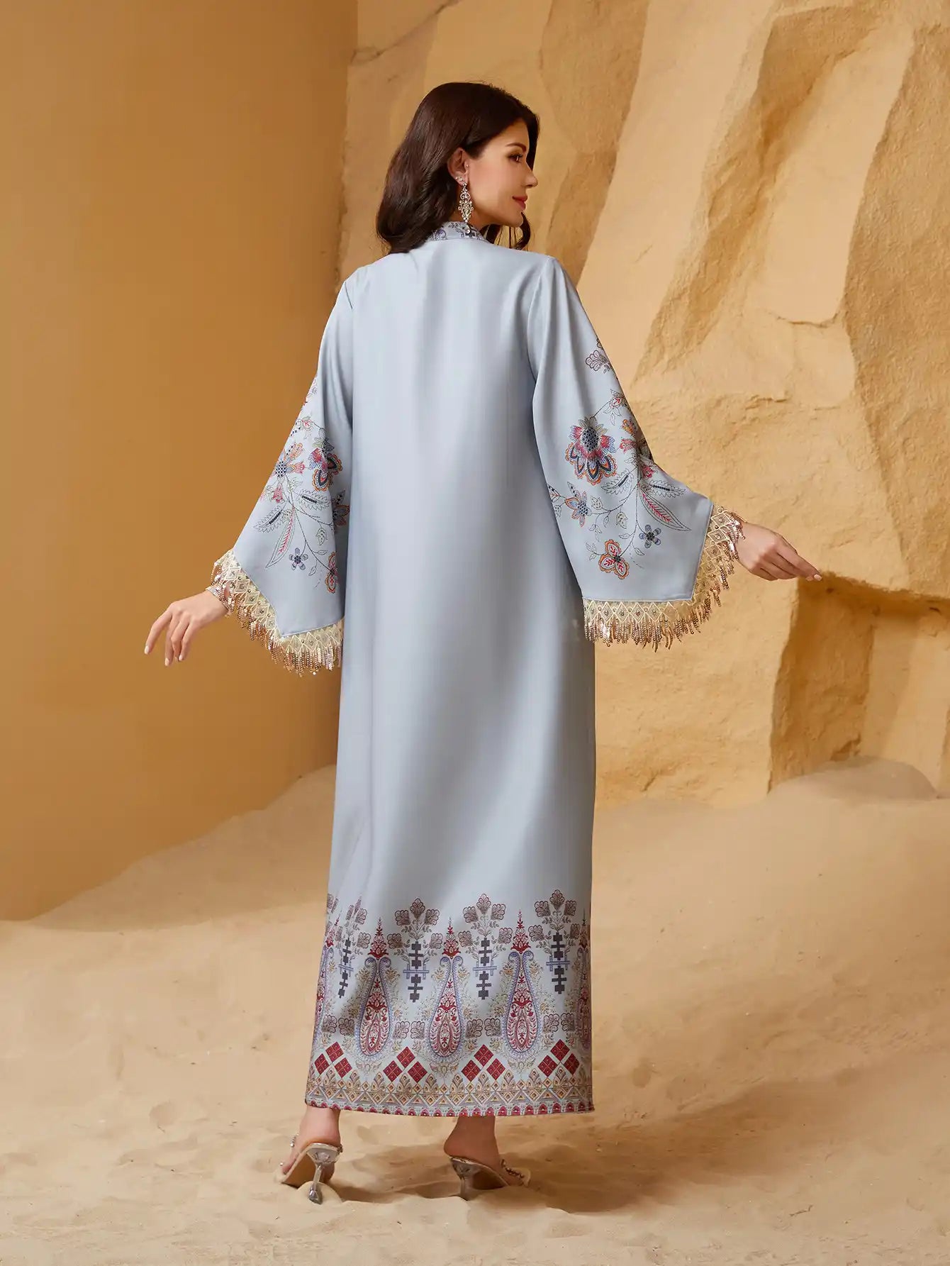 NC13 Muslim Robe V-neck Embroidered Tassel Arabic Dress Abaya