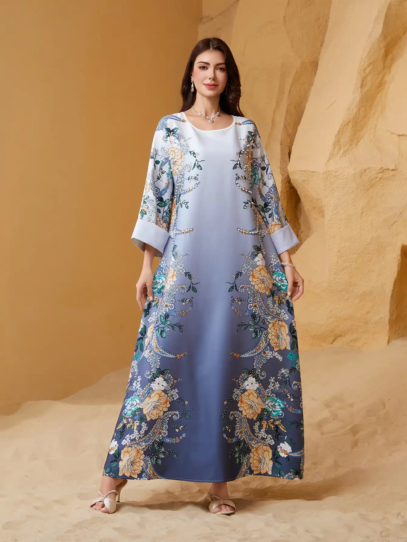 NC17 Muslim Beaded Rhinestone Loose Abaya Robe