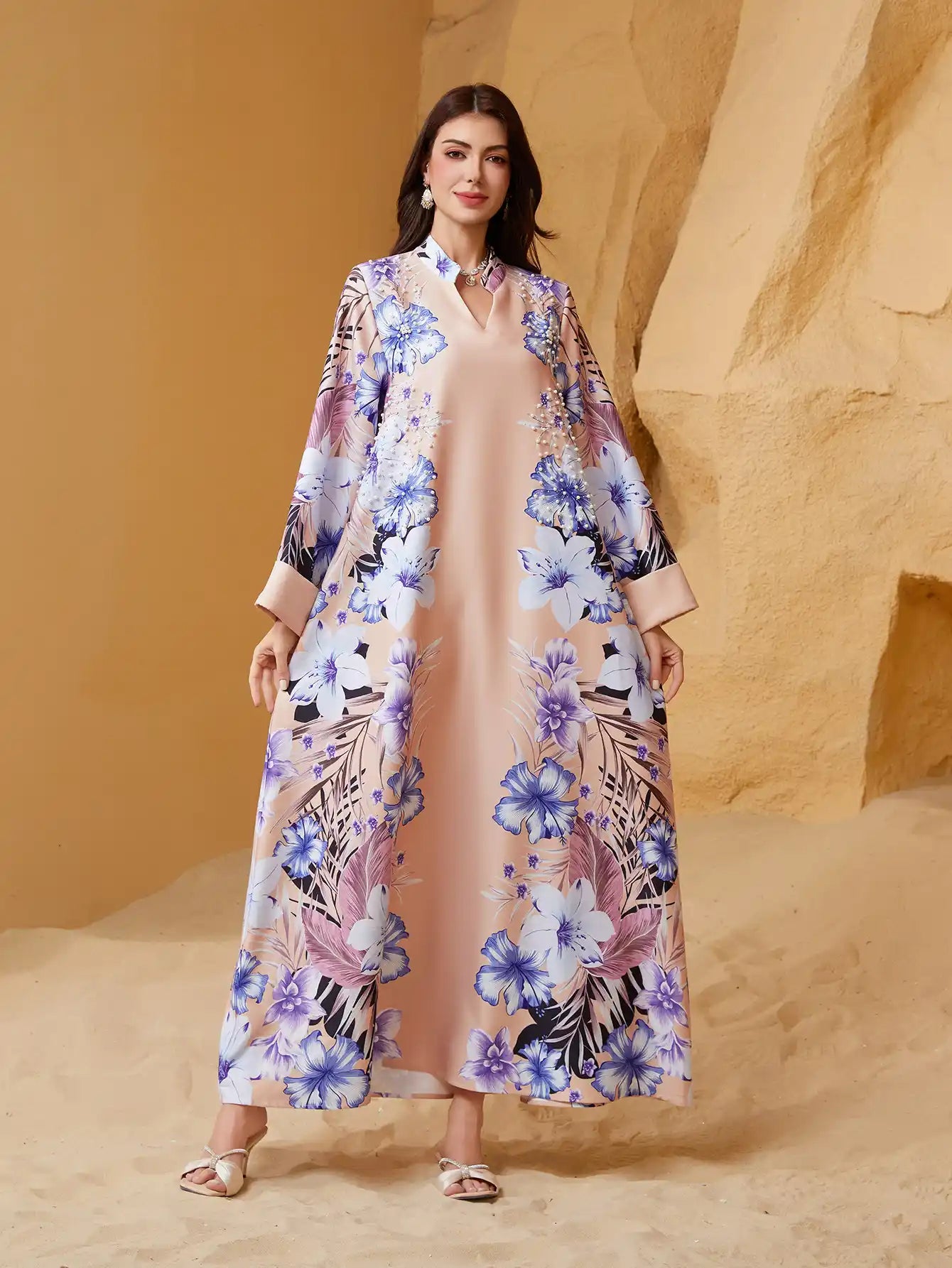 NC18 Muslim V-neck Robe Dubai Abaya Diamond Beads Dress