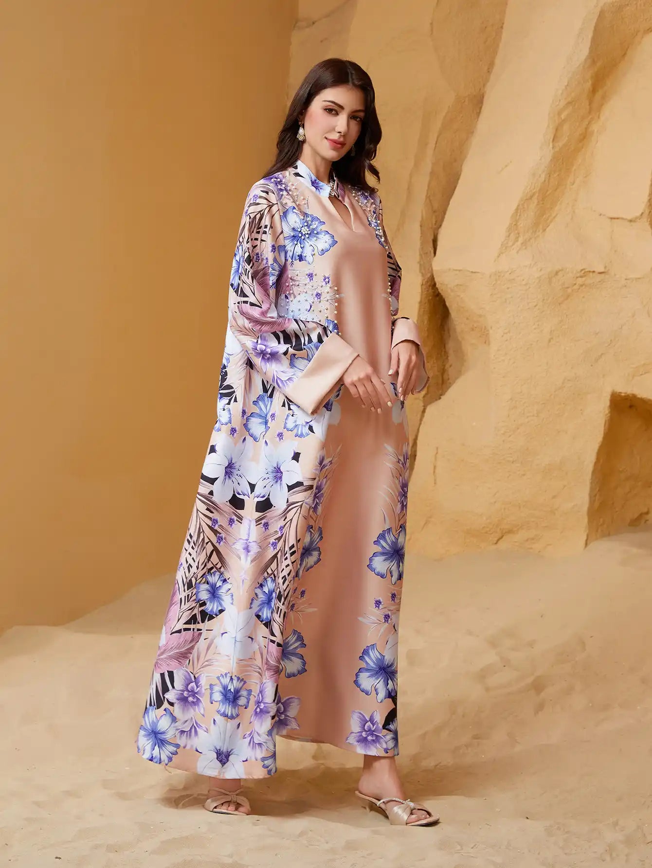 NC18 Muslim V-neck Robe Dubai Abaya Diamond Beads Dress