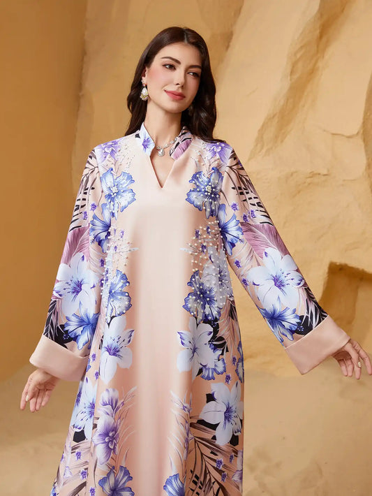 NC18 Muslim V-neck Robe Dubai Abaya Diamond Beads Dress