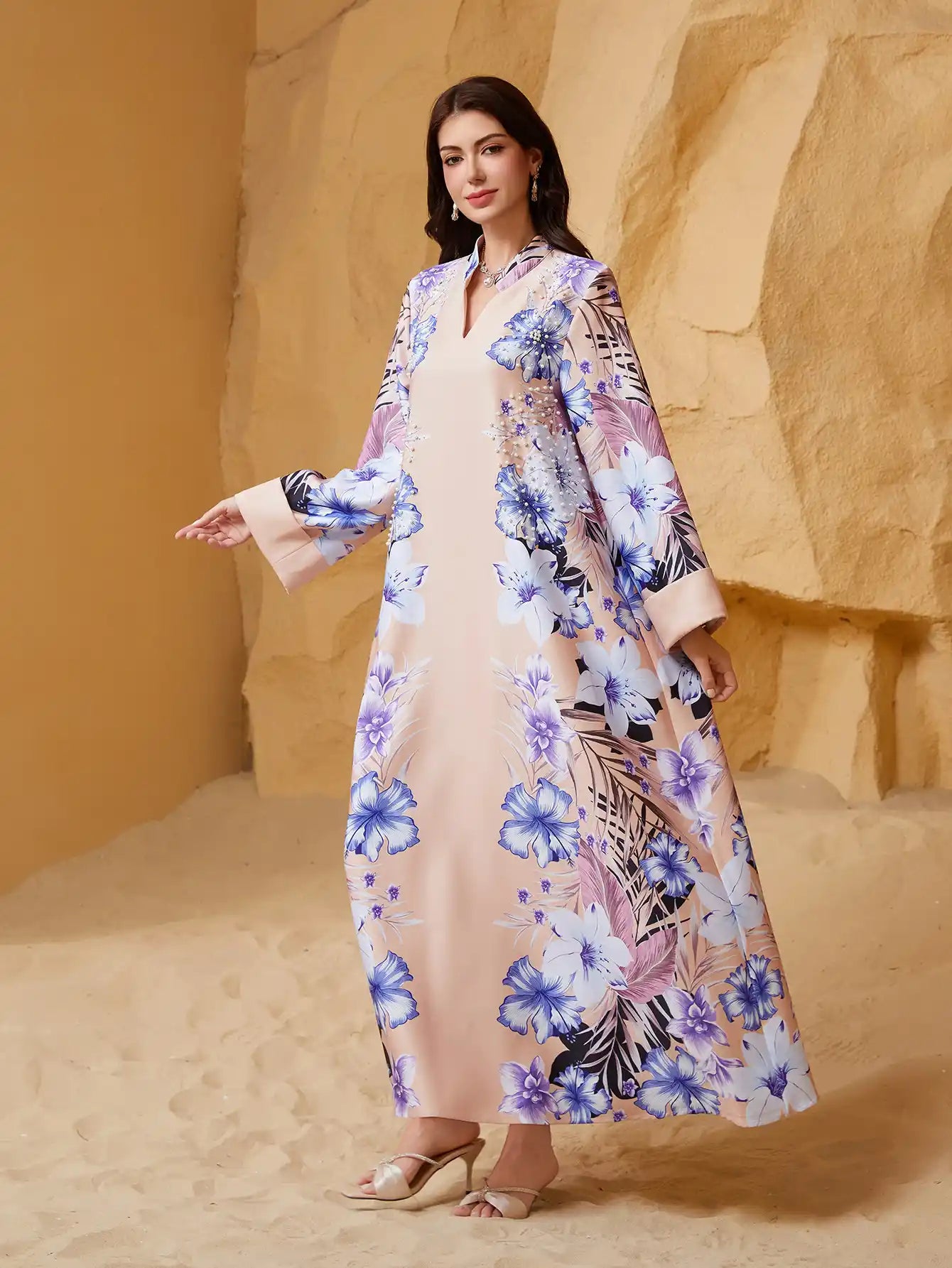 NC18 Muslim V-neck Robe Dubai Abaya Diamond Beads Dress