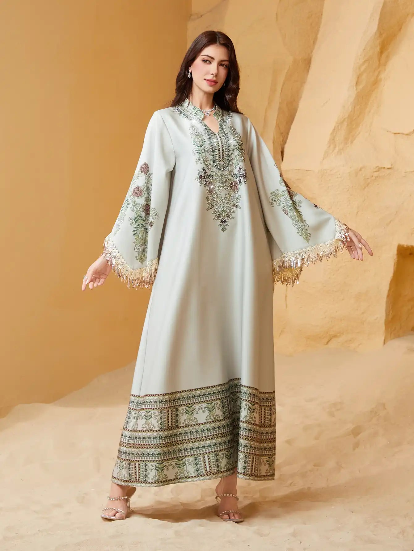 NC21 Muslim Robe V-neck Printed Tassel Arabic Abaya Dress