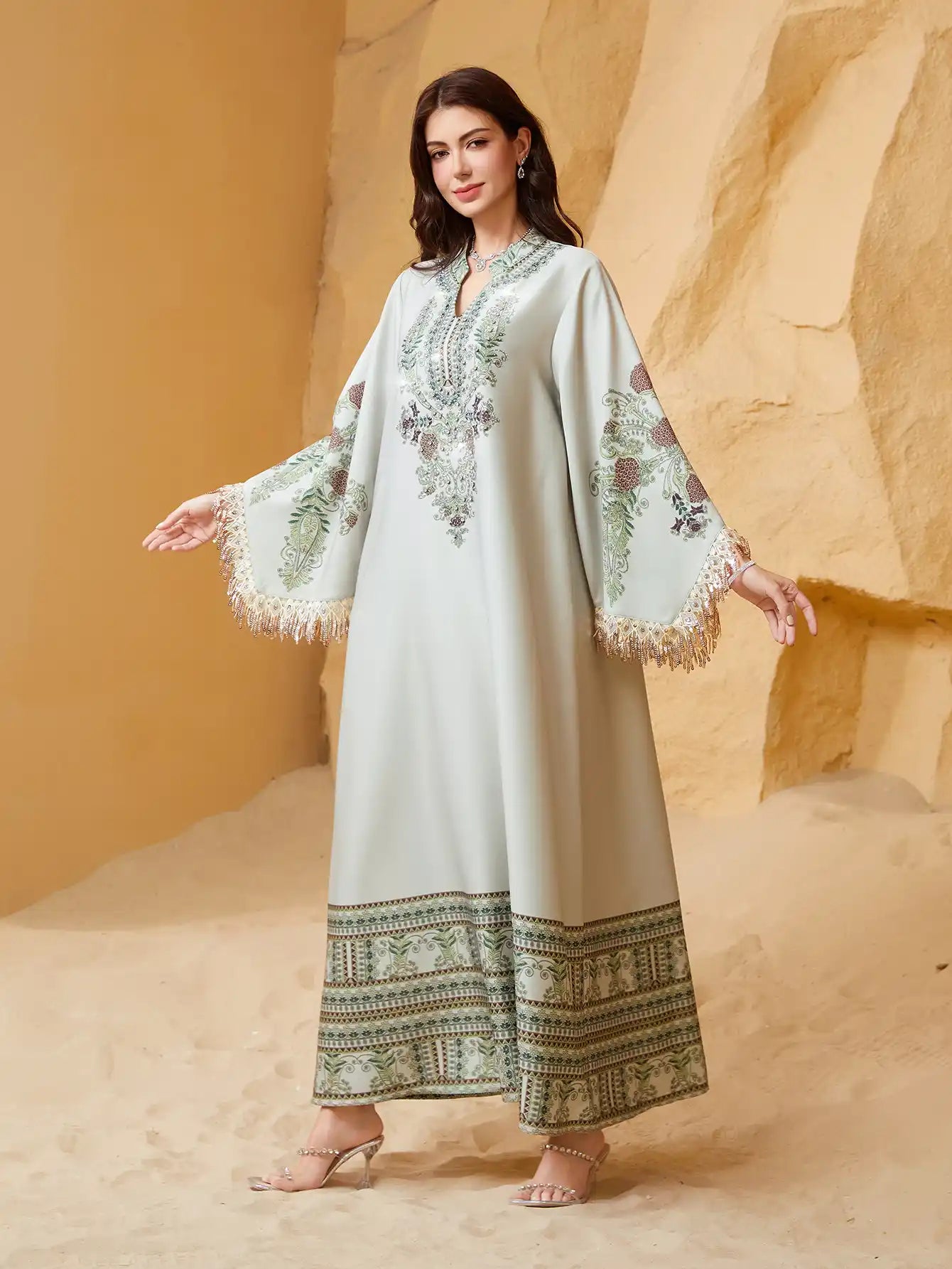 NC21 Muslim Robe V-neck Printed Tassel Arabic Abaya Dress