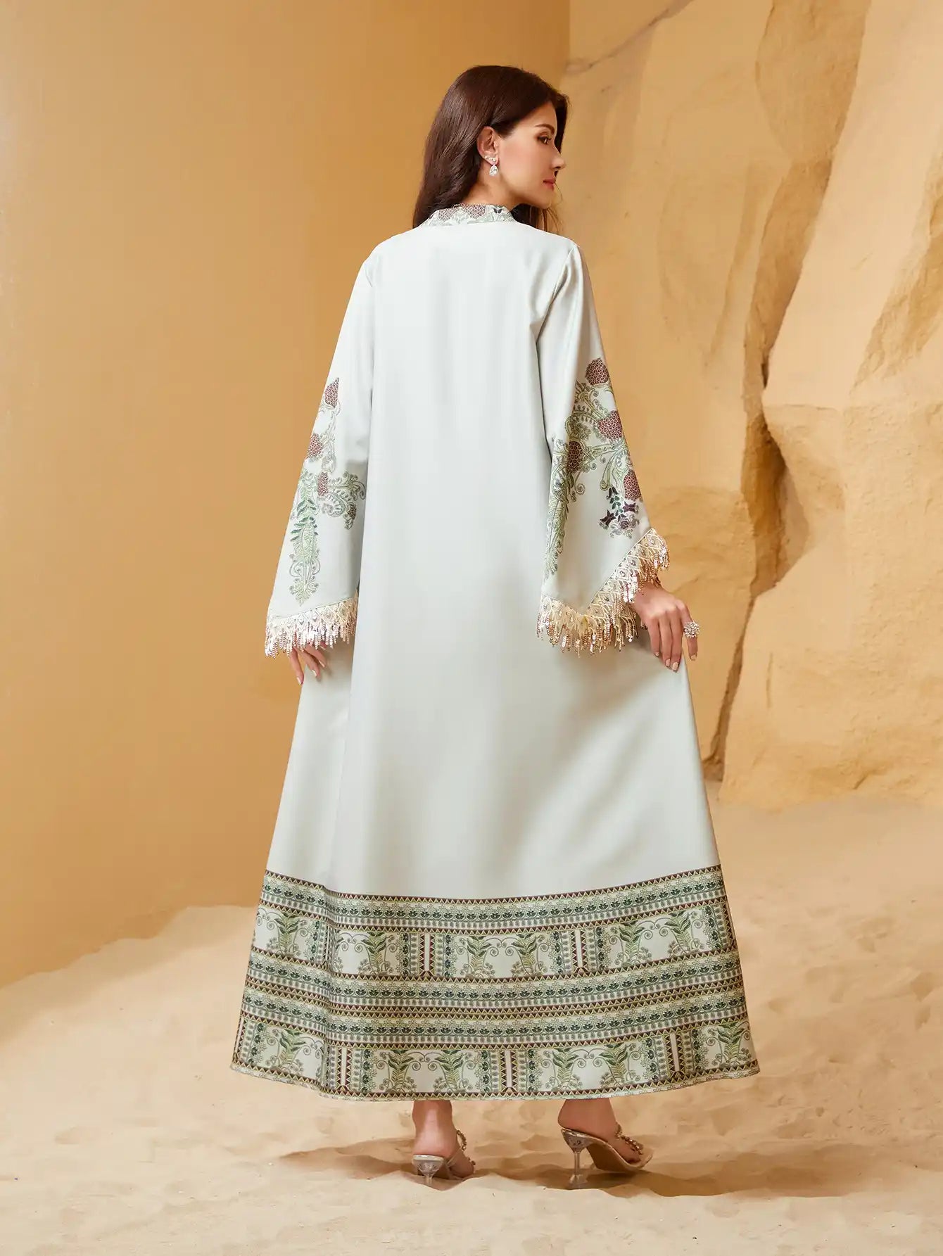NC21 Muslim Robe V-neck Printed Tassel Arabic Abaya Dress