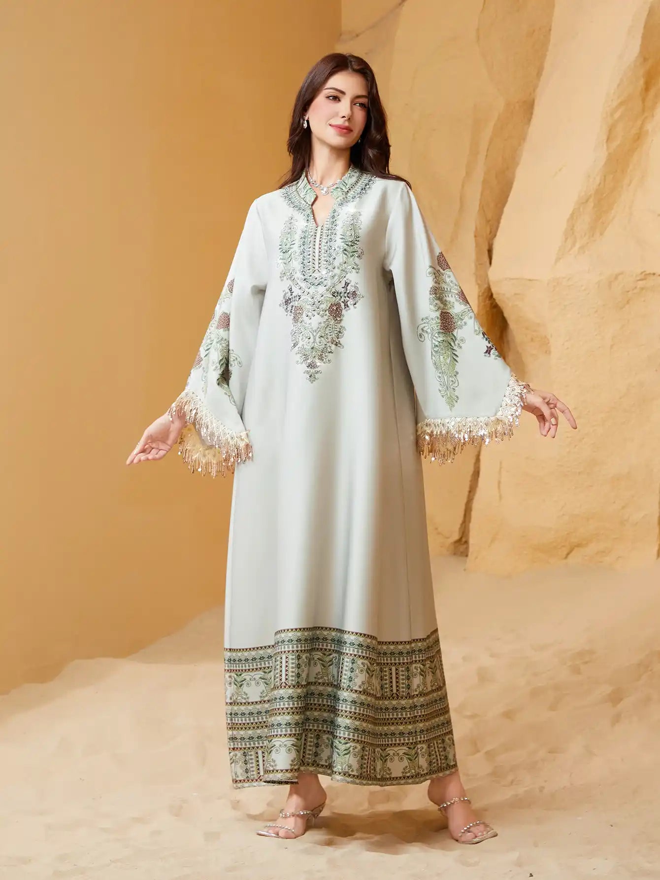 NC21 Muslim Robe V-neck Printed Tassel Arabic Abaya Dress