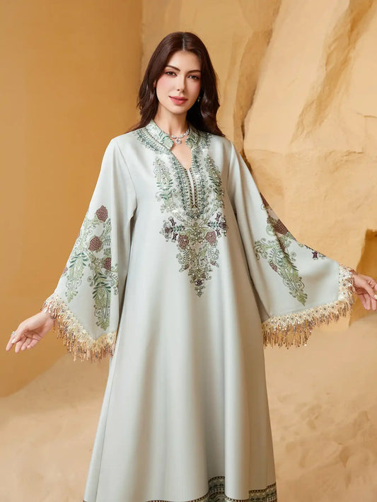 NC21 Muslim Robe V-neck Printed Tassel Arabic Abaya Dress