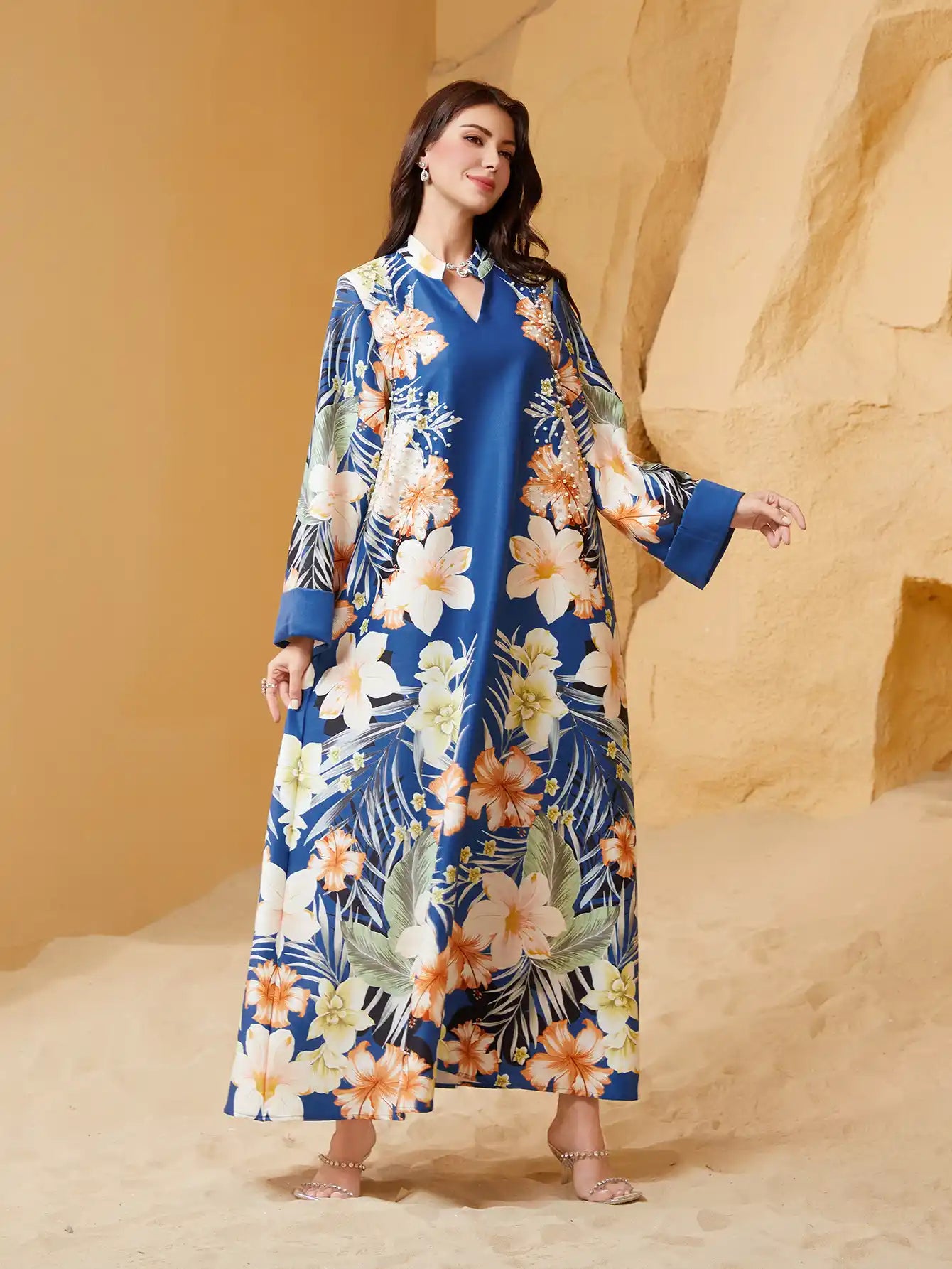 NC23 Muslim Women Printed Robe Abaya Dress