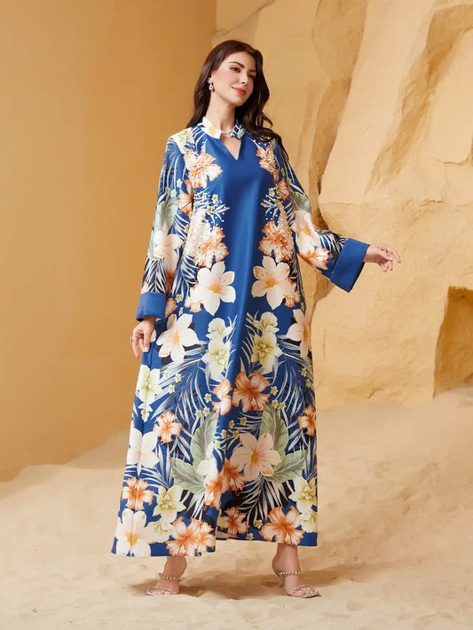 NC23 Muslim Women Printed Robe Abaya Dress