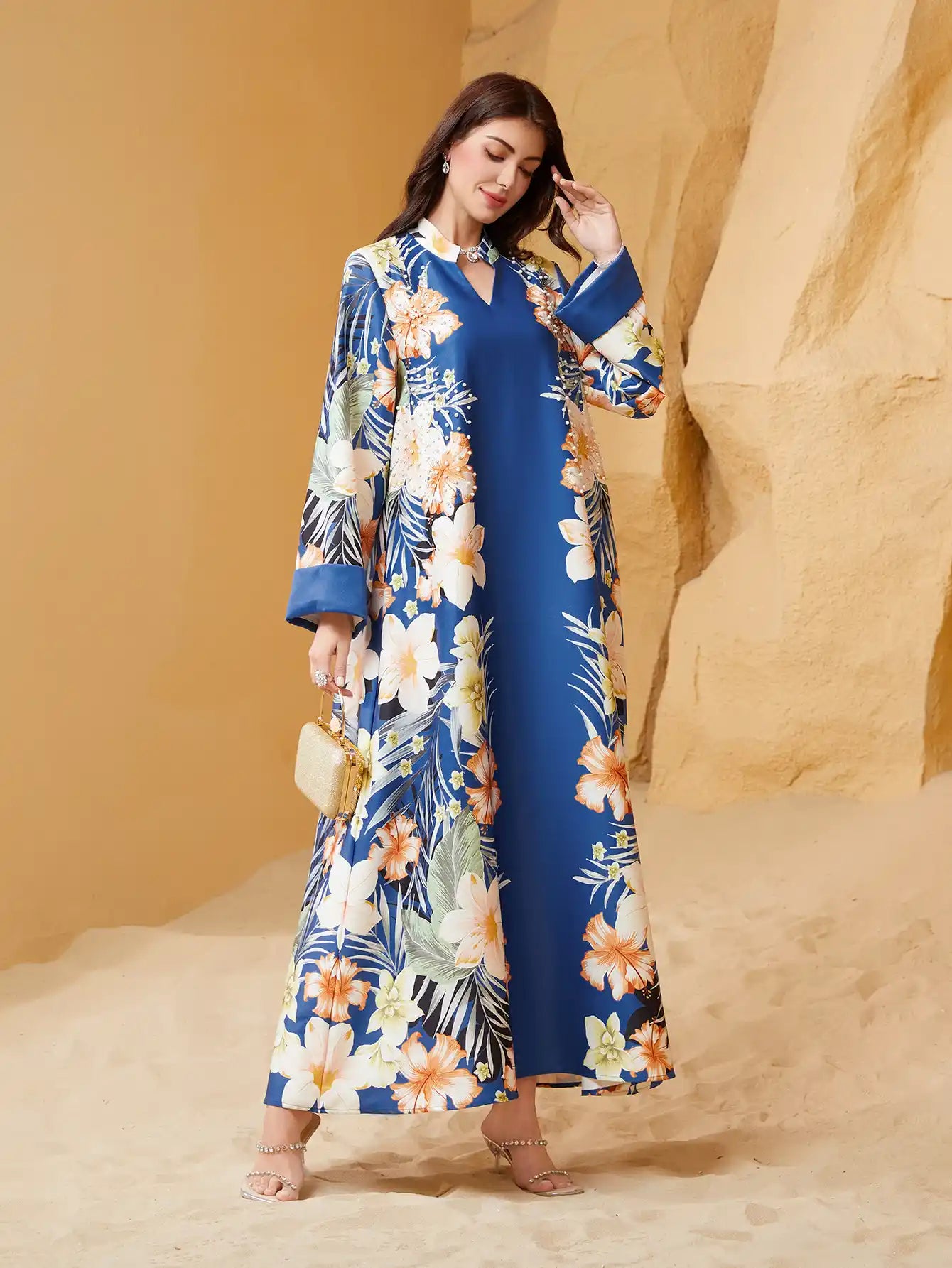 NC23 Muslim Women Printed Robe Abaya Dress