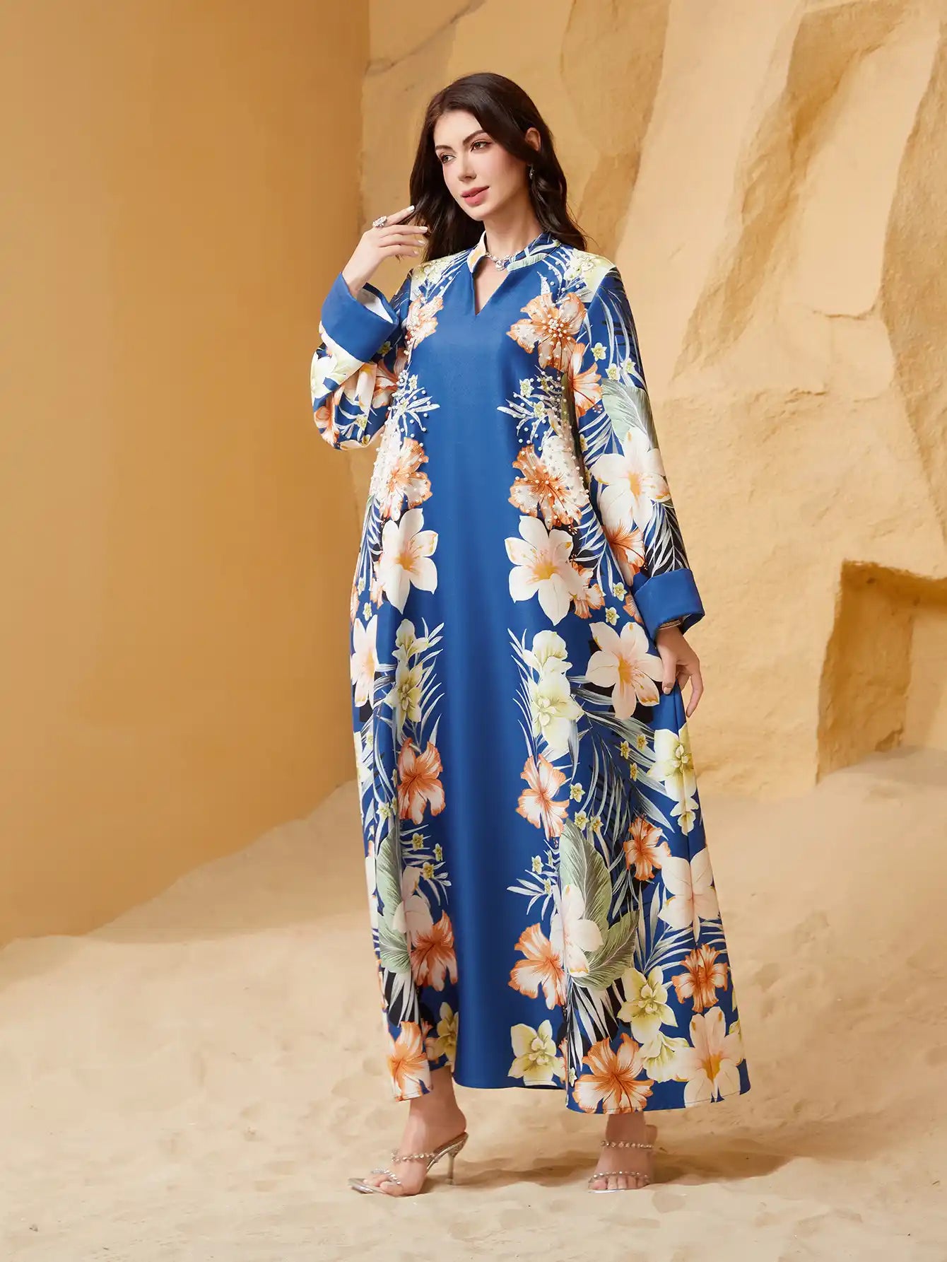 NC23 Muslim Women Printed Robe Abaya Dress