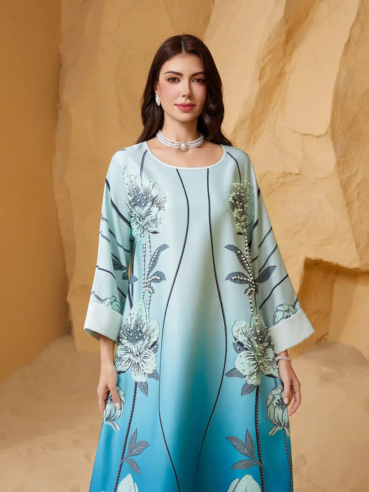 NC27 Muslim Women's Printed Beaded Abaya Moroccan Dress