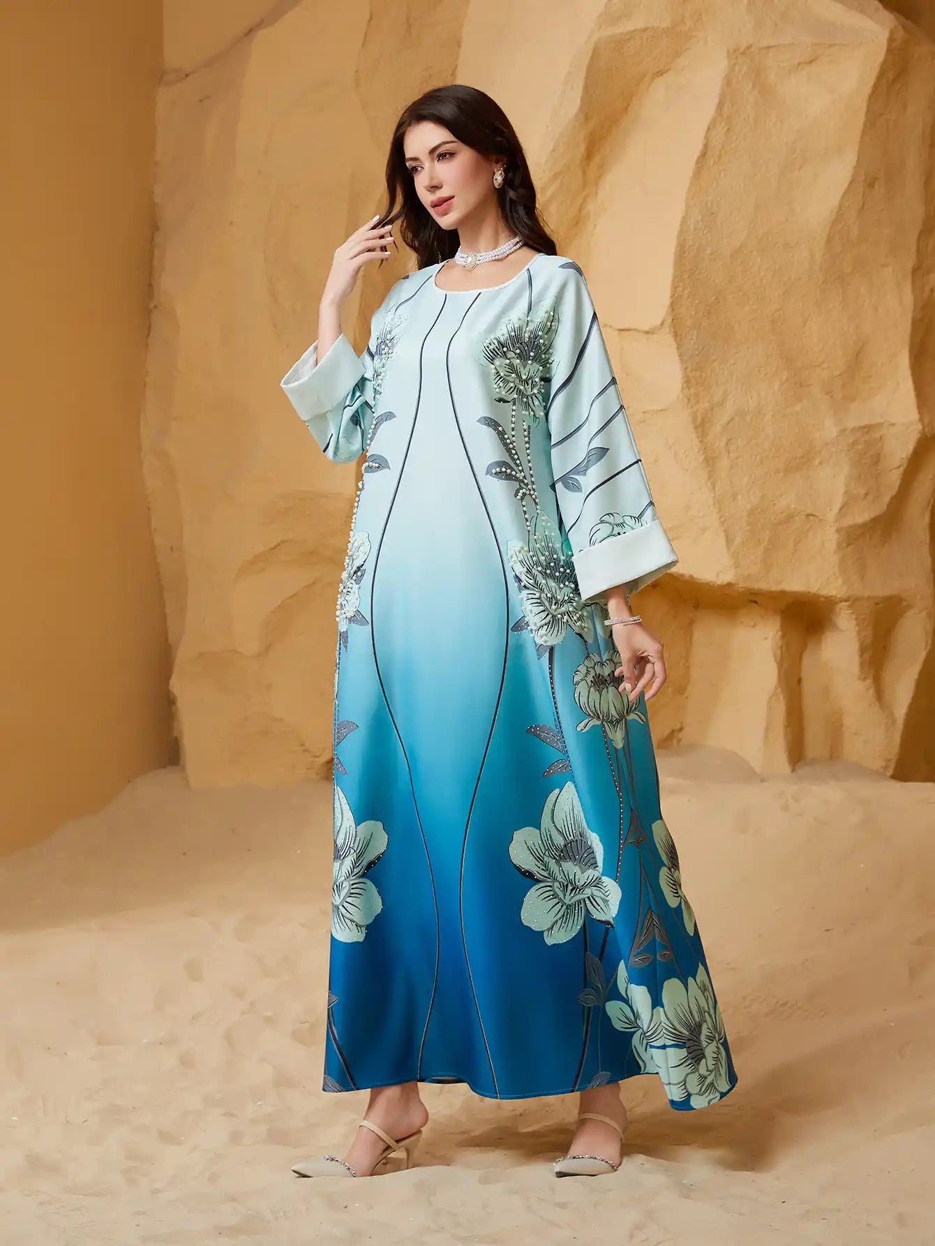 NC27 Muslim Women's Printed Beaded Abaya Moroccan Dress