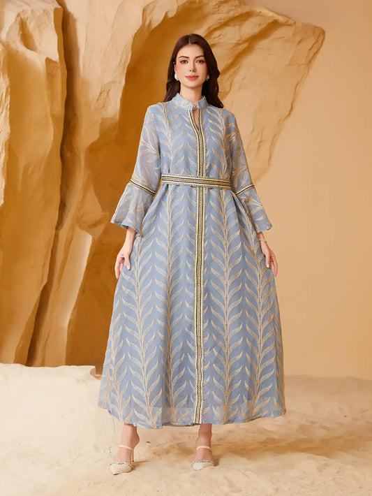 NC32 Muslim Embroidery Trumpet Sleeve Abaya Dress