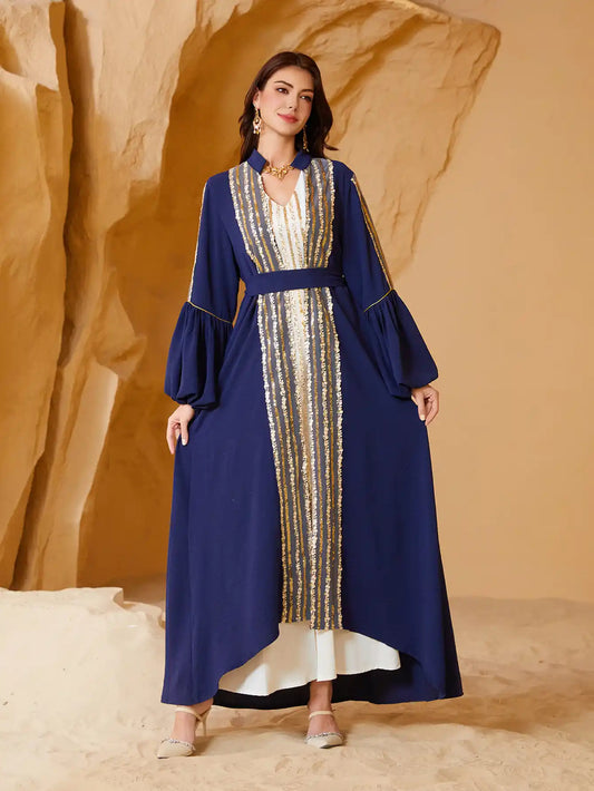 NC35 Embroidered Robe Puff Sleeve Dress Muslim Two-piece Sets