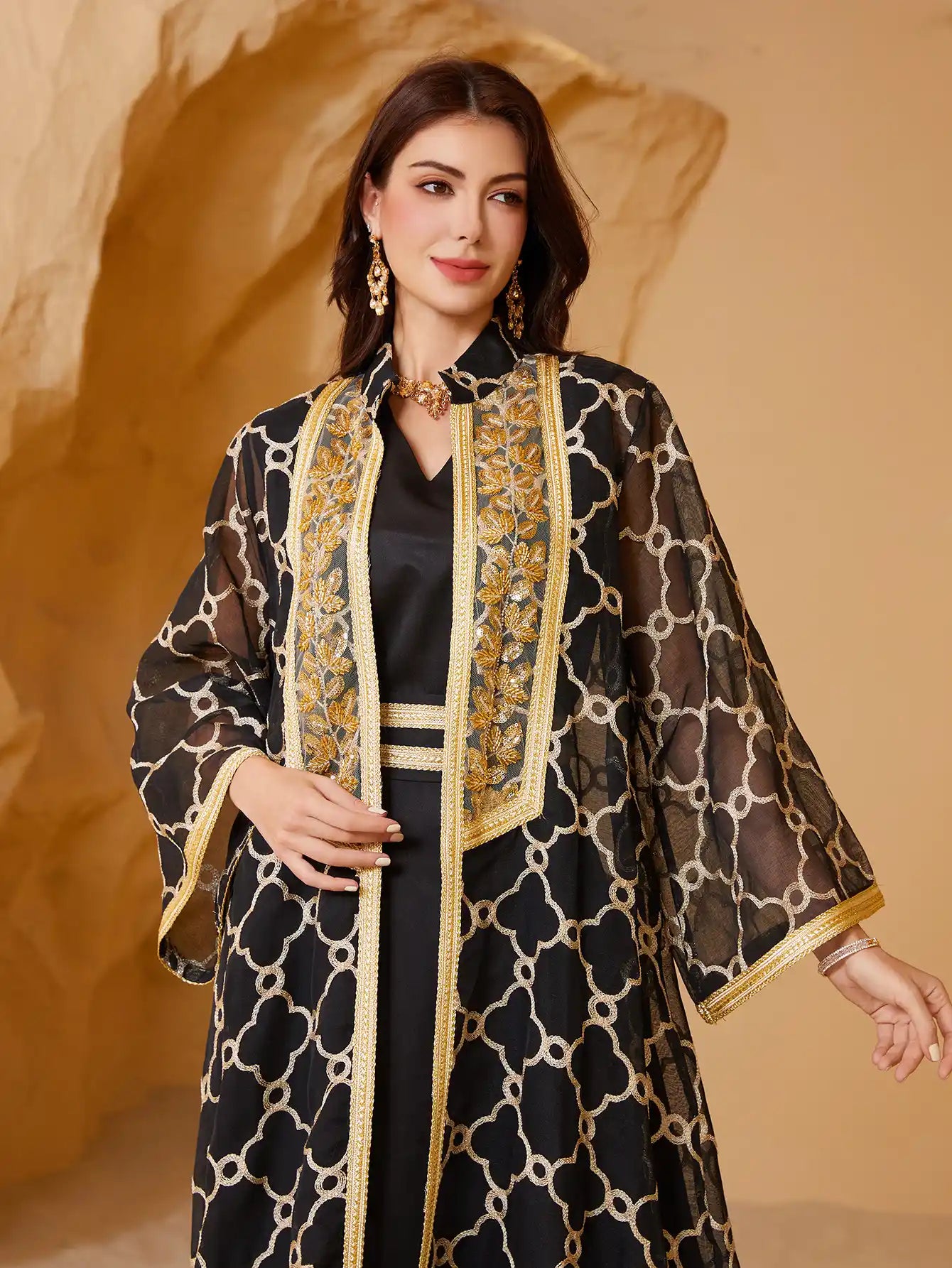 NC40 Heavy Mesh Embroidery Stitching Gold Muslim Two-piece Suit