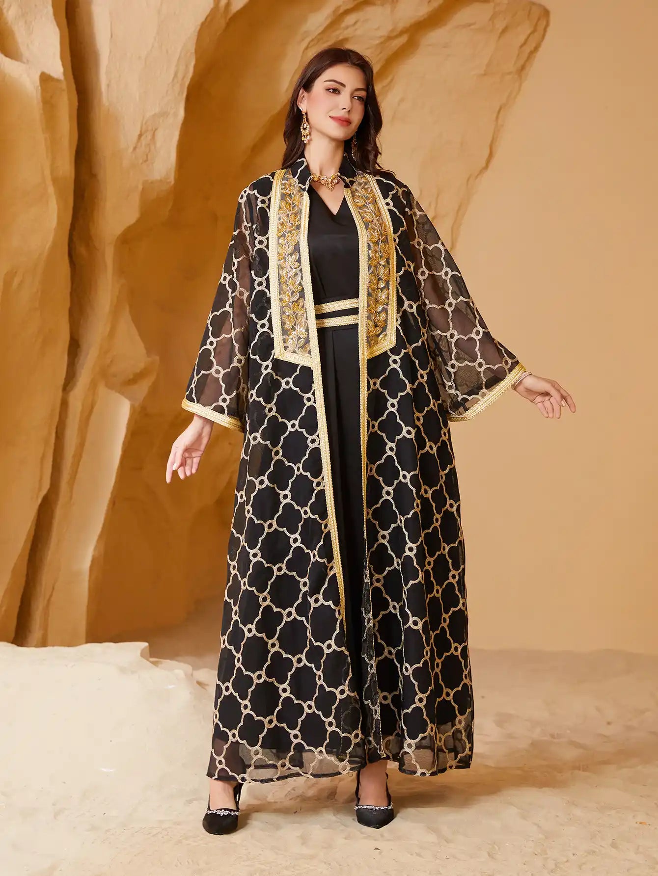 NC40 Heavy Mesh Embroidery Stitching Gold Muslim Two-piece Suit