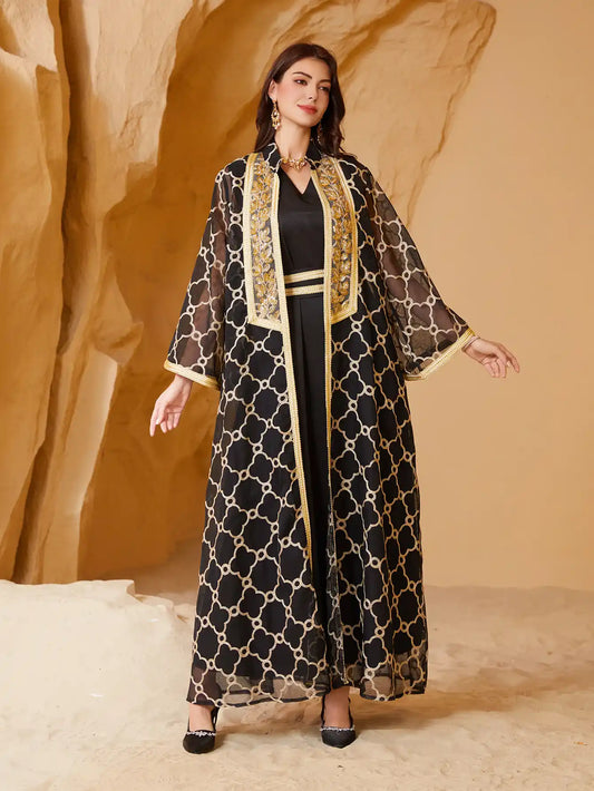 NC40 Heavy Mesh Embroidery Stitching Gold Muslim Two-piece Suit