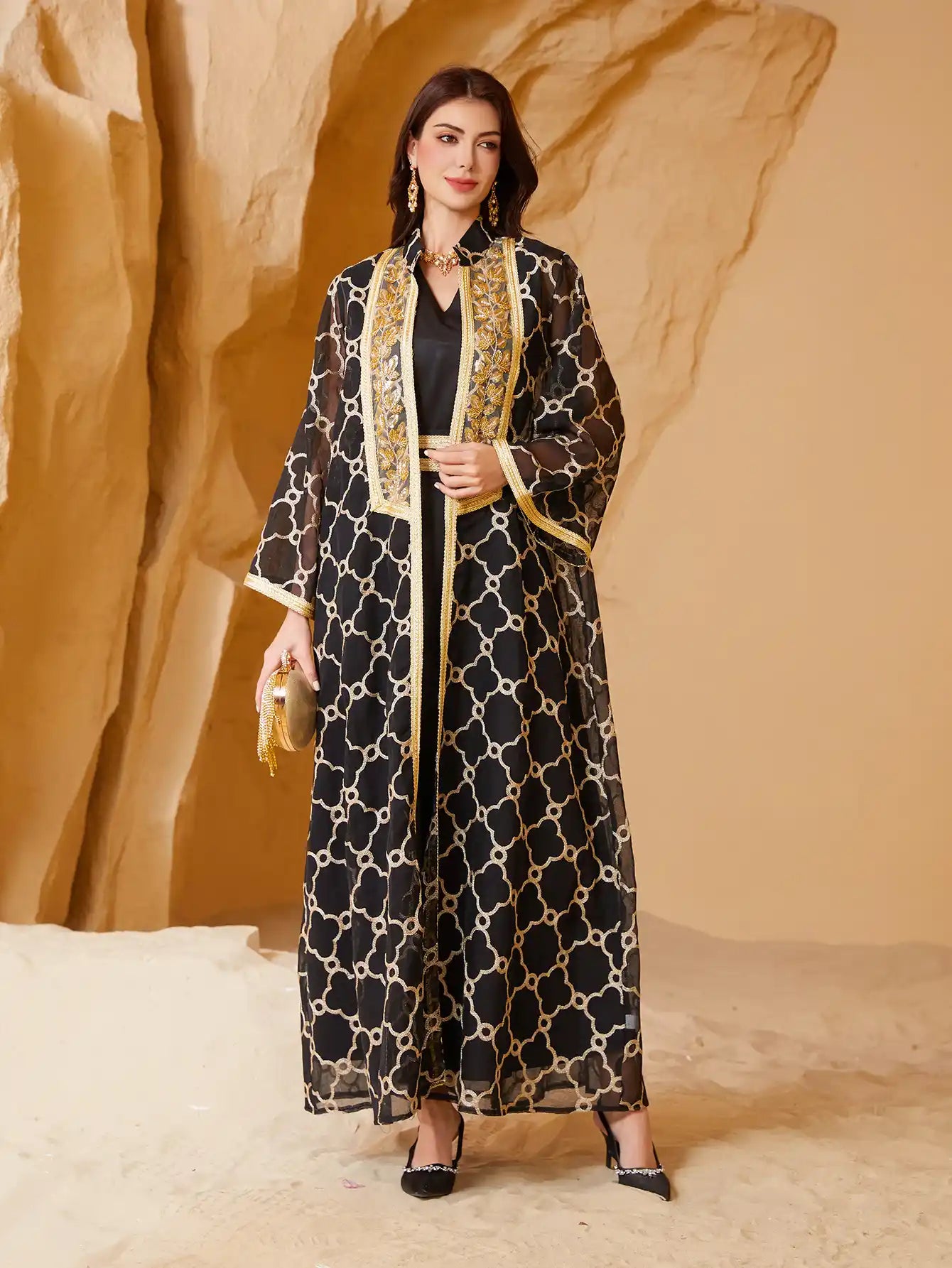 NC40 Heavy Mesh Embroidery Stitching Gold Muslim Two-piece Suit