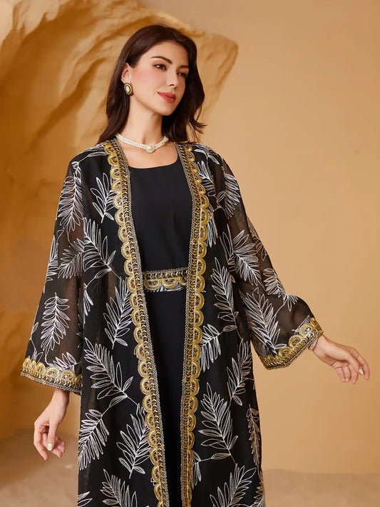 NC41 Arabic Mesh Embroidery Stitching Gold Muslim Two-piece Suit