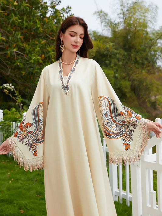 NC44 Muslim Robe V-neck Printed Tassel Arabic Dress Abaya