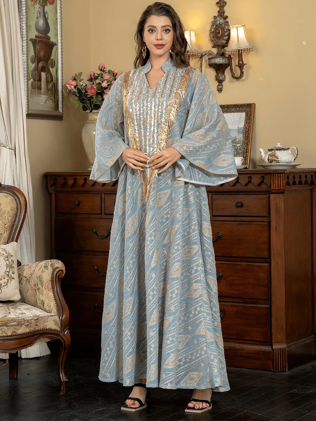 SW005 Arab Dubai Mesh Embroidery Sequins Abaya Evening Dress
