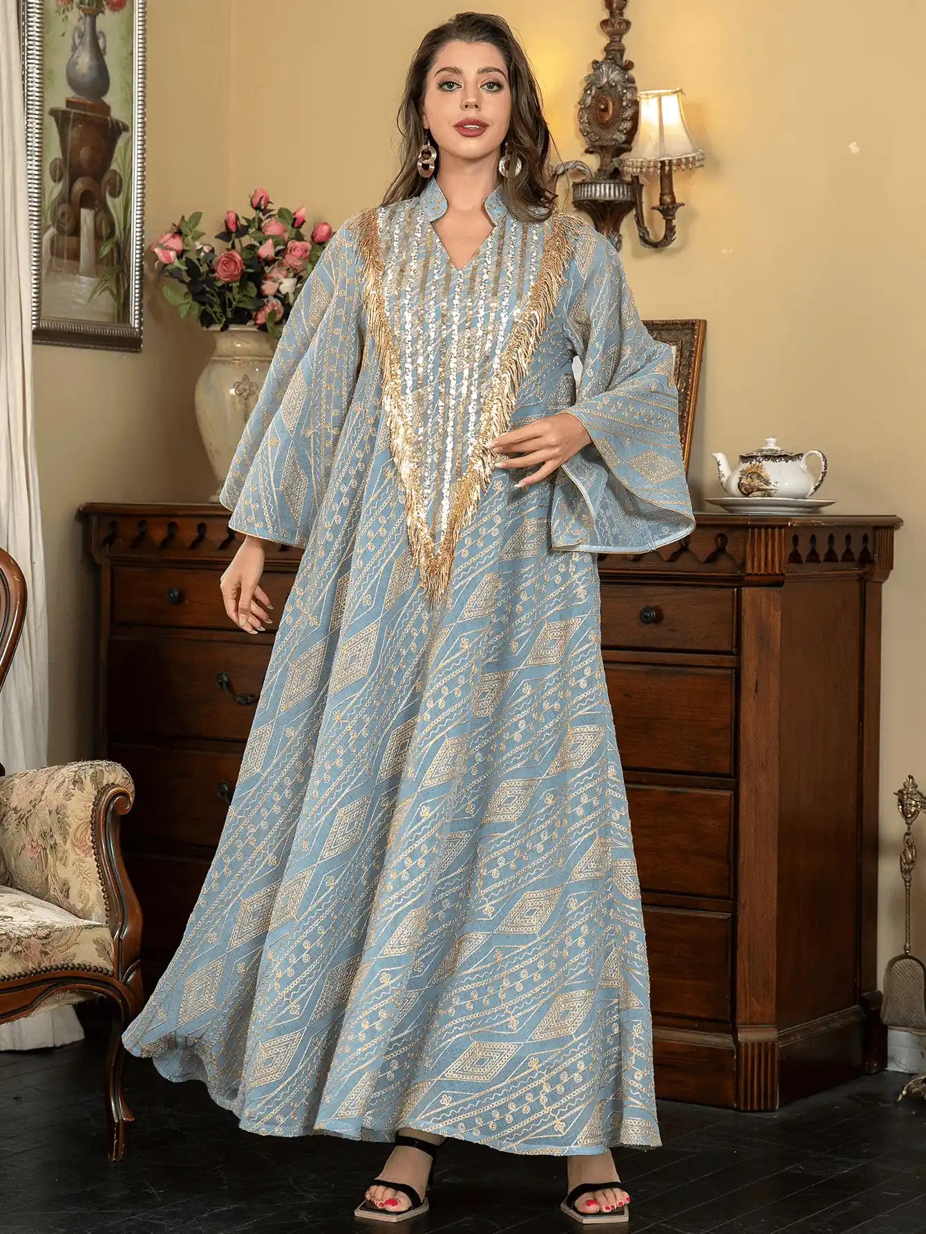 SW005 Arab Dubai Mesh Embroidery Sequins Abaya Evening Dress