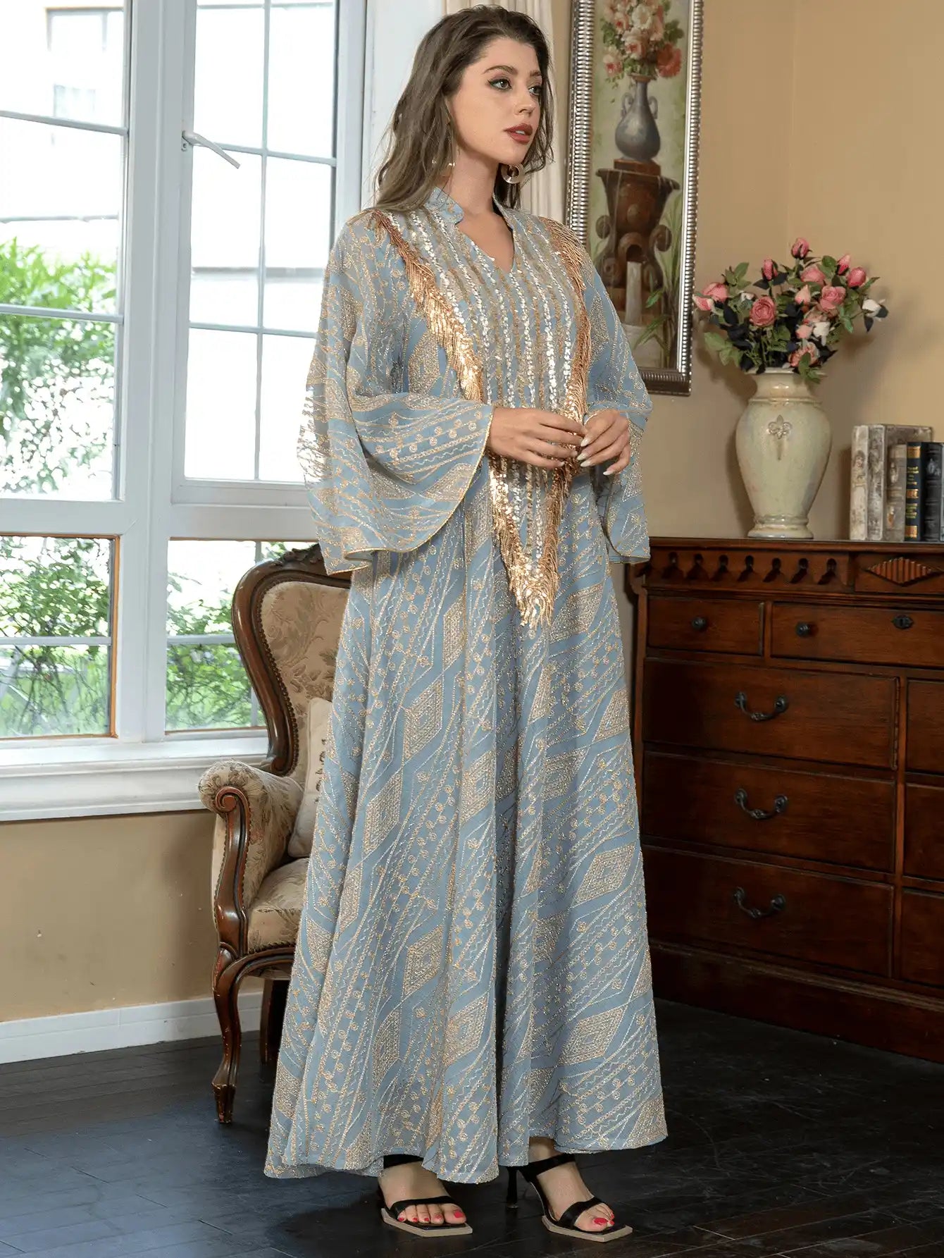 SW005 Arab Dubai Mesh Embroidery Sequins Abaya Evening Dress