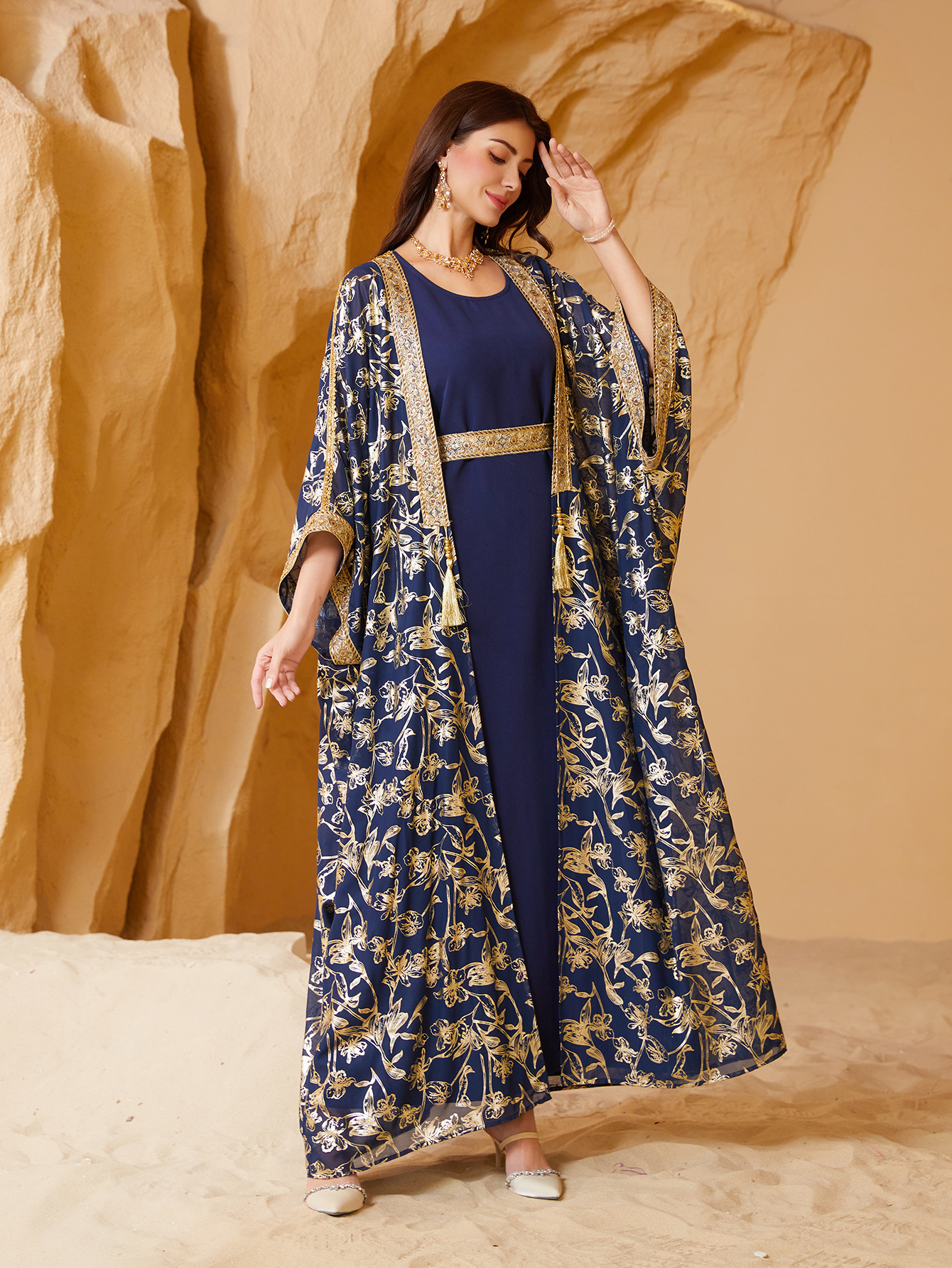 SW013 Muslim Dress Gilded Robe Abaya Two-piece Suits