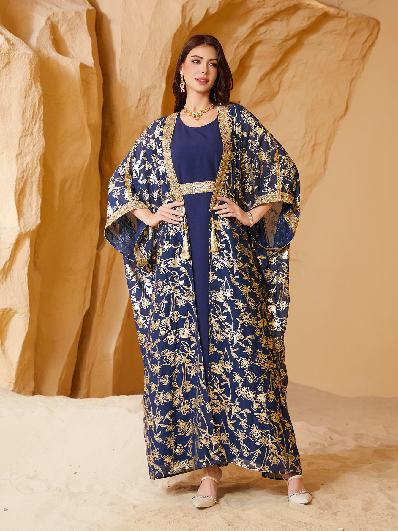 SW013 Muslim Dress Gilded Robe Abaya Two-piece Suits